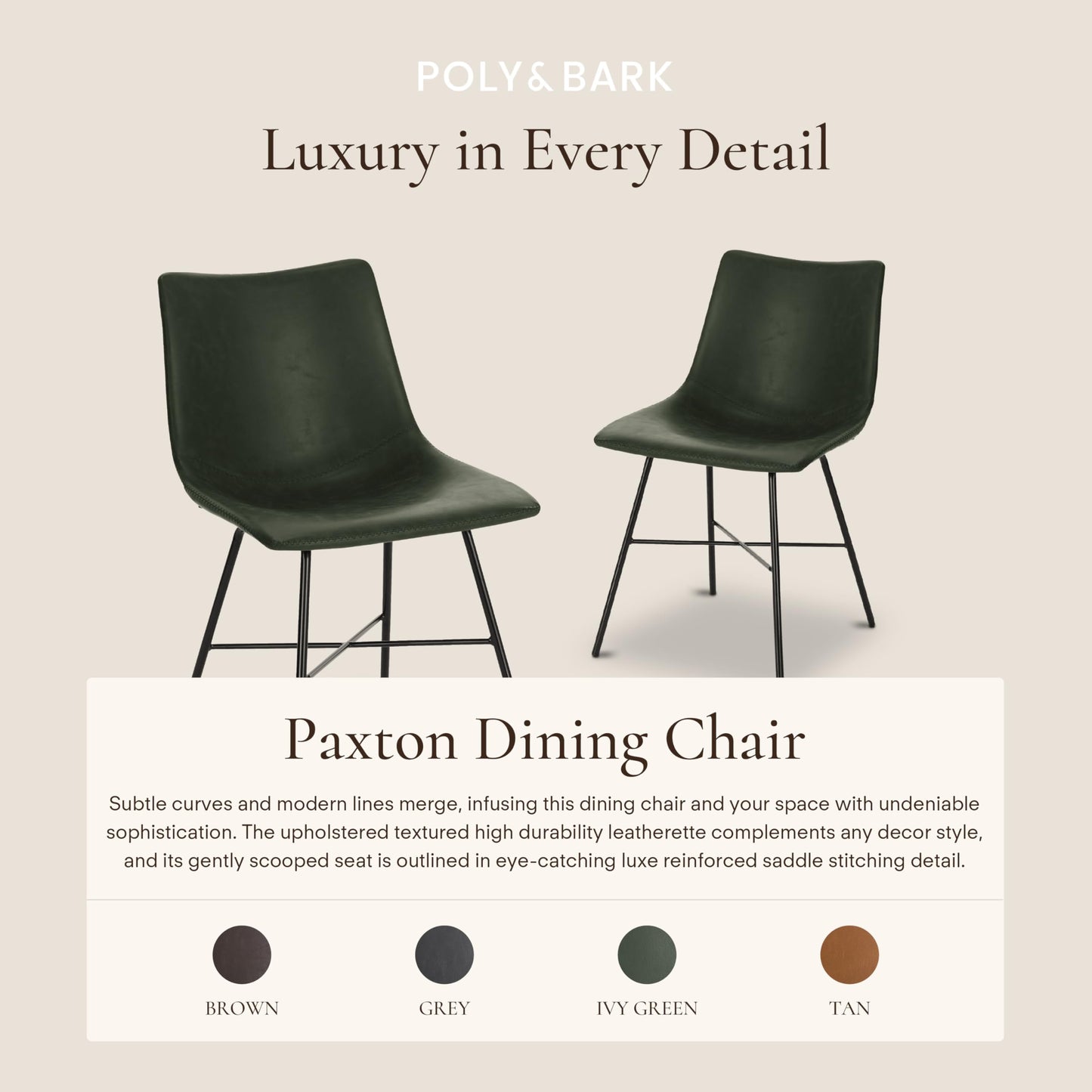 POLY & BARK Paxton Leather Counter Stools 24 Inches – Set of 2 - Counter Height Bar Stools with Back – Modern Barstools for Kitchen Island or Counters – Faux Leather & Matte Black Steel Base – Tan