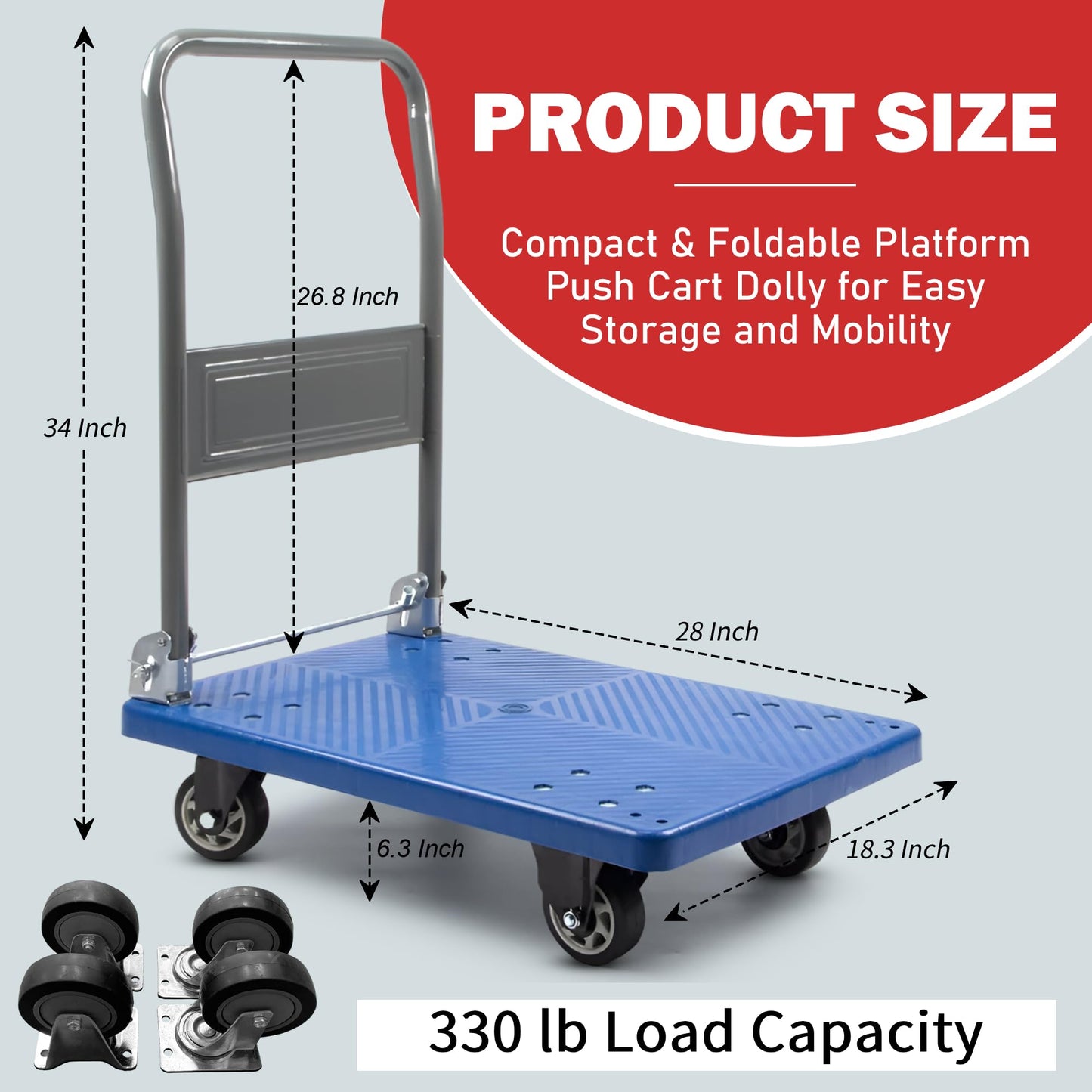 330 lbs Foldable Platform Truck Dolly with Swivel Wheels, Heavy Duty Moving Platform Hand Truck, 28 x 18 x 33.8 inches (PH150PVC)