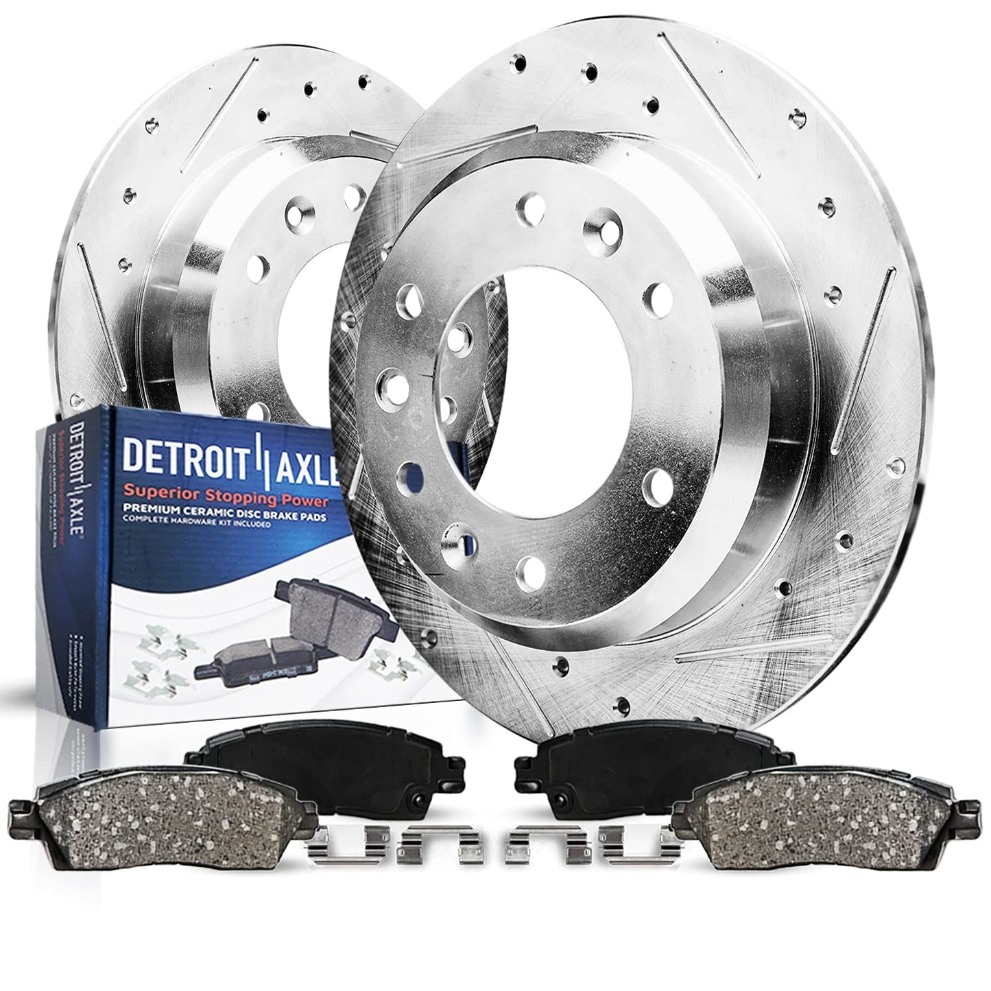 Detroit Axle - Front Brake Kit for Chevy Impala Malibu Equinox GMC Terrain Buick LaCrosse Regal Allure Saab 9-5 Drilled Slotted Disc Brake Rotors Ceramic Brakes Pads Replacement : 12.64'' inch Rotor
