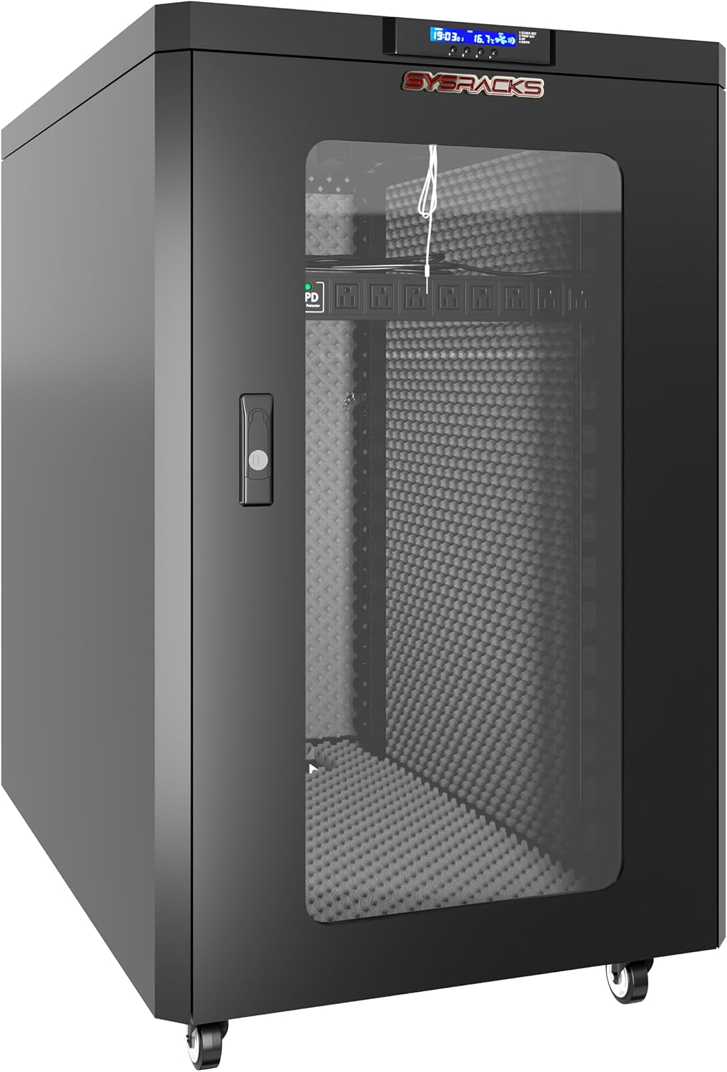 Soundproof Server Rack Cabinet – Quiet Acoustic 19” Network Enclosure with Dual Fans, Thermostat Control, Locking Glass Door, Floor Standing Rack (18U)