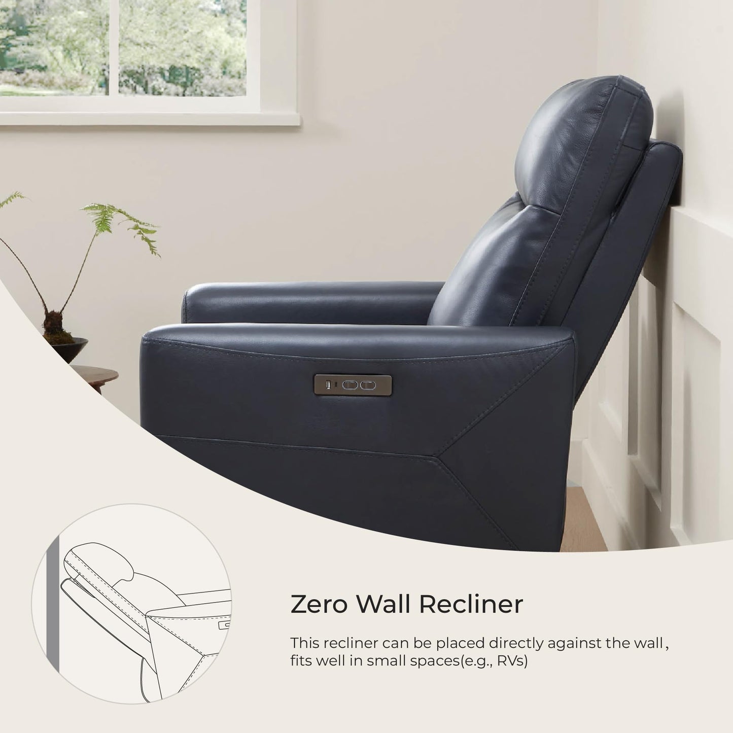 CHITA Genuine Leather Power Recliner Chair for Adults, Electric Wall Hugger Recliner for Small Spaces, Modern Living Room and RV Recliner Chair with Adjustable Power Headrest & Charging Ports, Brown