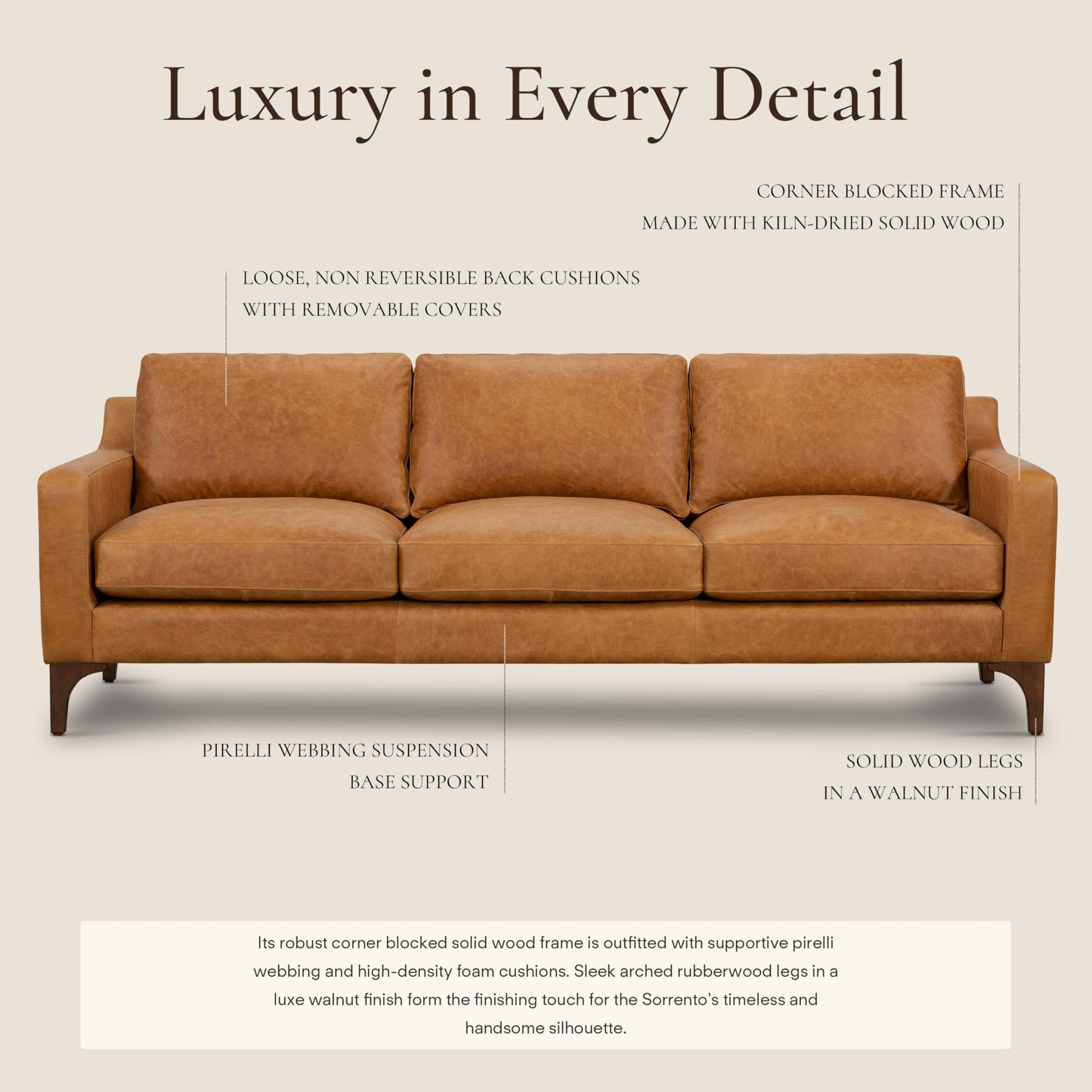 POLY & BARK Sorrento 86" Sofa – Cognac Tan Full-Grain Pure-Aniline Italian Leather, Feather-Down Cushions, Solid Wood Frame & Walnut Legs