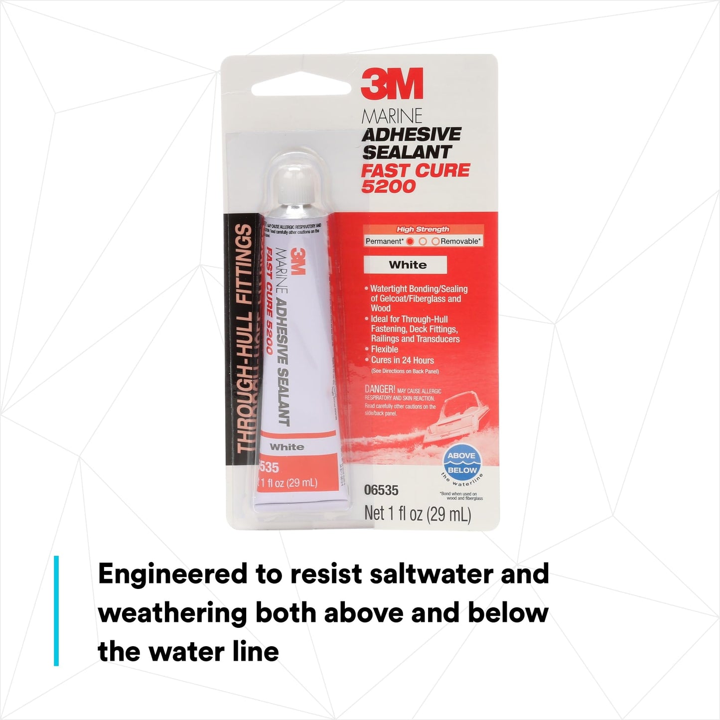 3M Marine Adhesive Sealant 5200FC Fast Cure, White, Flexible Bonds, Water-Resistant, 10 fl oz (295 mL) Cartridge with Nozzle, 1 Each