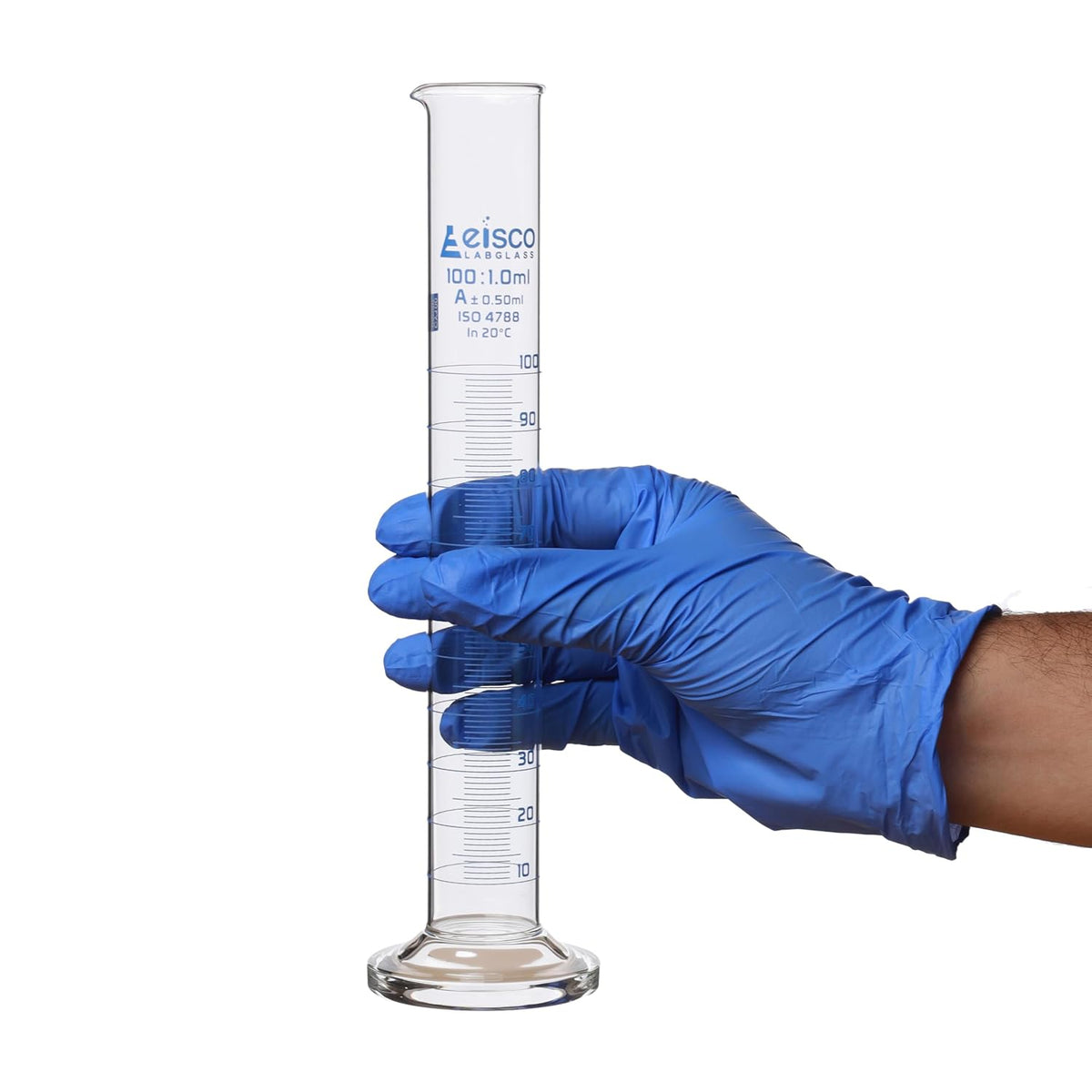 Graduated Cylinder, 100ml - Class A Tolerance ±0.50ml - Round Base - Blue Graduations - Borosilicate 3.3 Glass - Eisco Labs
