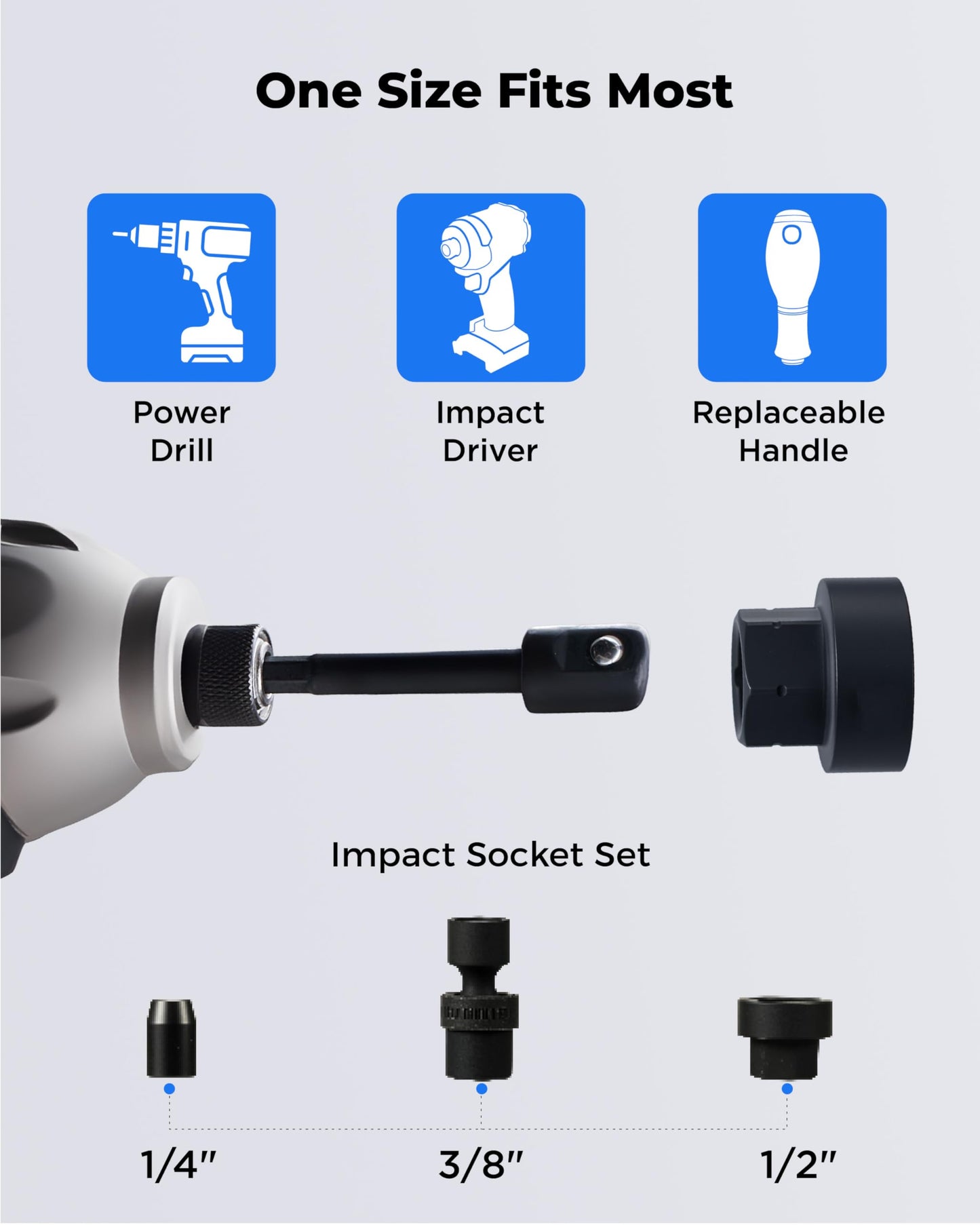 toolant Impact Socket Adapter Set, 3 pcs, 1/4", 3/8", 1/2" Drive, Hex Shank Drill Bit Adapter with Holder, Compatible with Power Drill & Impact Driver