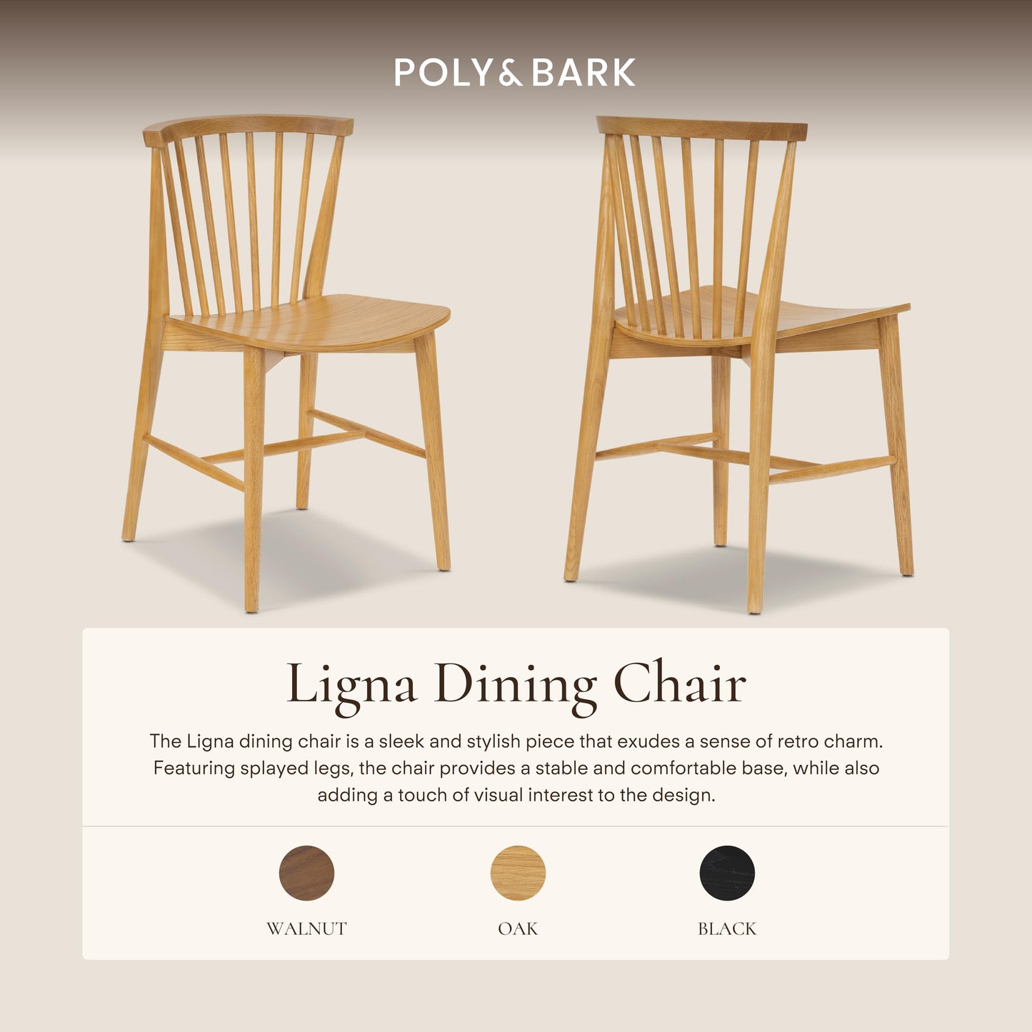 Poly & BARK Ligna Counter Stool in Black – Mid-Century Inspired Stool with Sculpted Spindle Back – Solid American Oak Frame and Engineered Wood Veneered Seat – Fully Assembled and Ready to Use