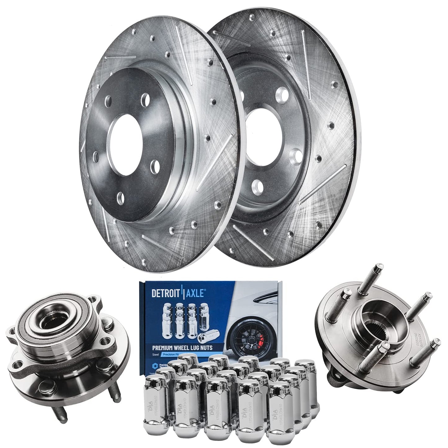 Detroit Axle - Brake Kit for 2012-2020 Ford F-150 Drilled & Slotted Brake Rotors and Ceramic Brakes Pads 2013 2014 2015 2016 2017 2018 2019 Front and Rear Replacement