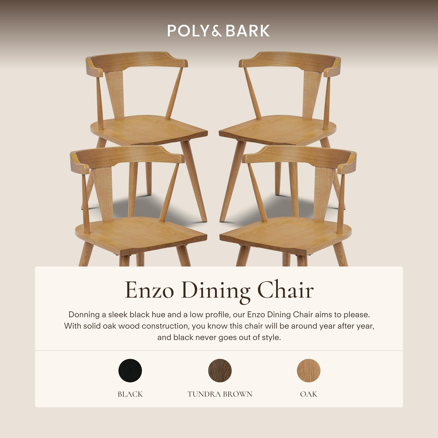 POLY & BARK Mid Century Modern Enzo Black Dining Chair – Solid Oak Wood Splat Back Chair, 18" Seat Height, 32" Tall – Stylish MCM Kitchen & Dining Room Chair