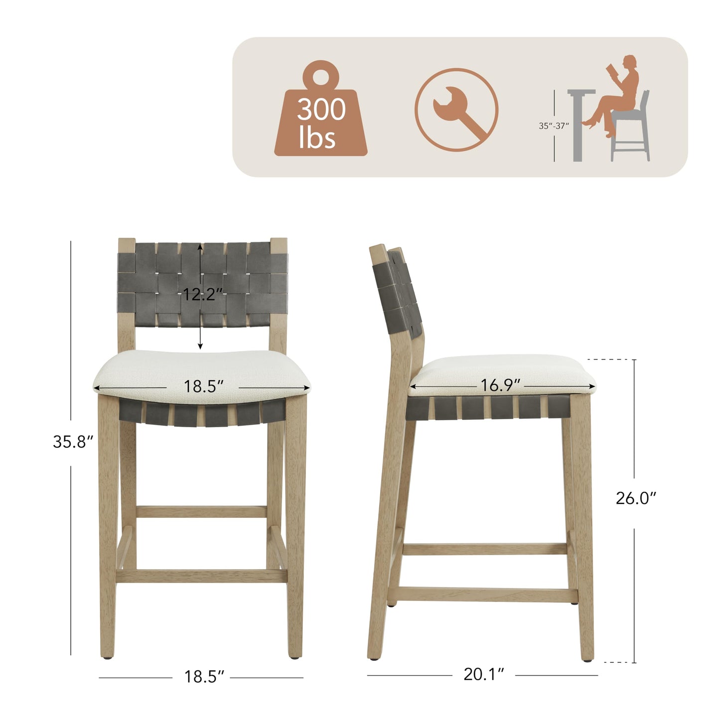 CHITA Woven Bar Stools Set of 2, 26" Counter Height Bar Stools with Backrest, Handwoven Counter Stools with Wood Frame for Kitchen Island & Home Bar, Saddle Brown