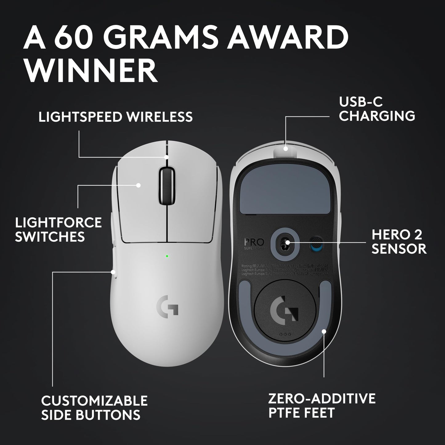 Logitech G PRO X Superlight 2 Wireless Gaming Mouse - Black | 60g, Symmetrical Shape, <8 kHz Polling, 44K DPI, PowerPlay Wireless Charging Supported, USB-C, 5 Buttons, For PC/Mac