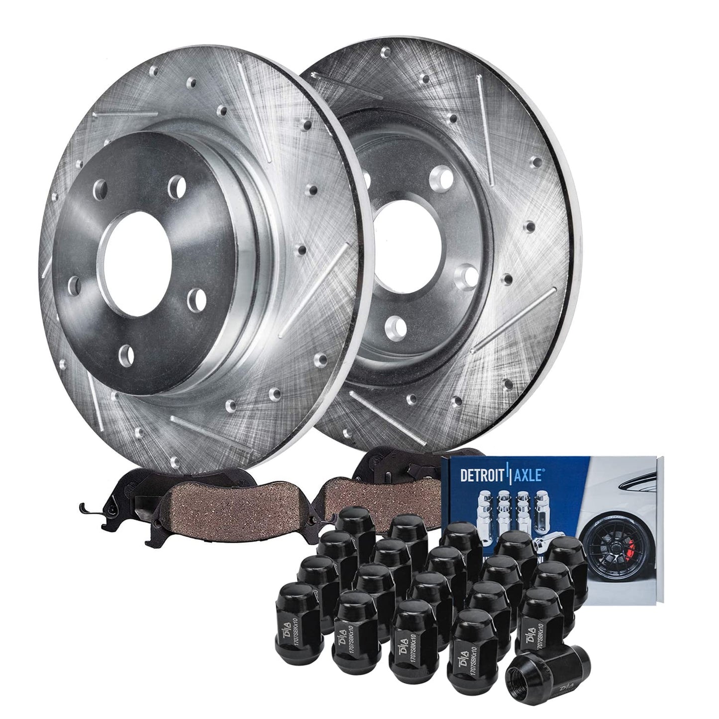 Detroit Axle - Front Brake Kit for Chevy GMC Silverado Suburban Sierra Savana Express 1500 Tahoe Yukon XL Cadillac Escalade ESV EXT Drilled Slotted Disc Brake Rotors Ceramic Brakes Pads Replacement