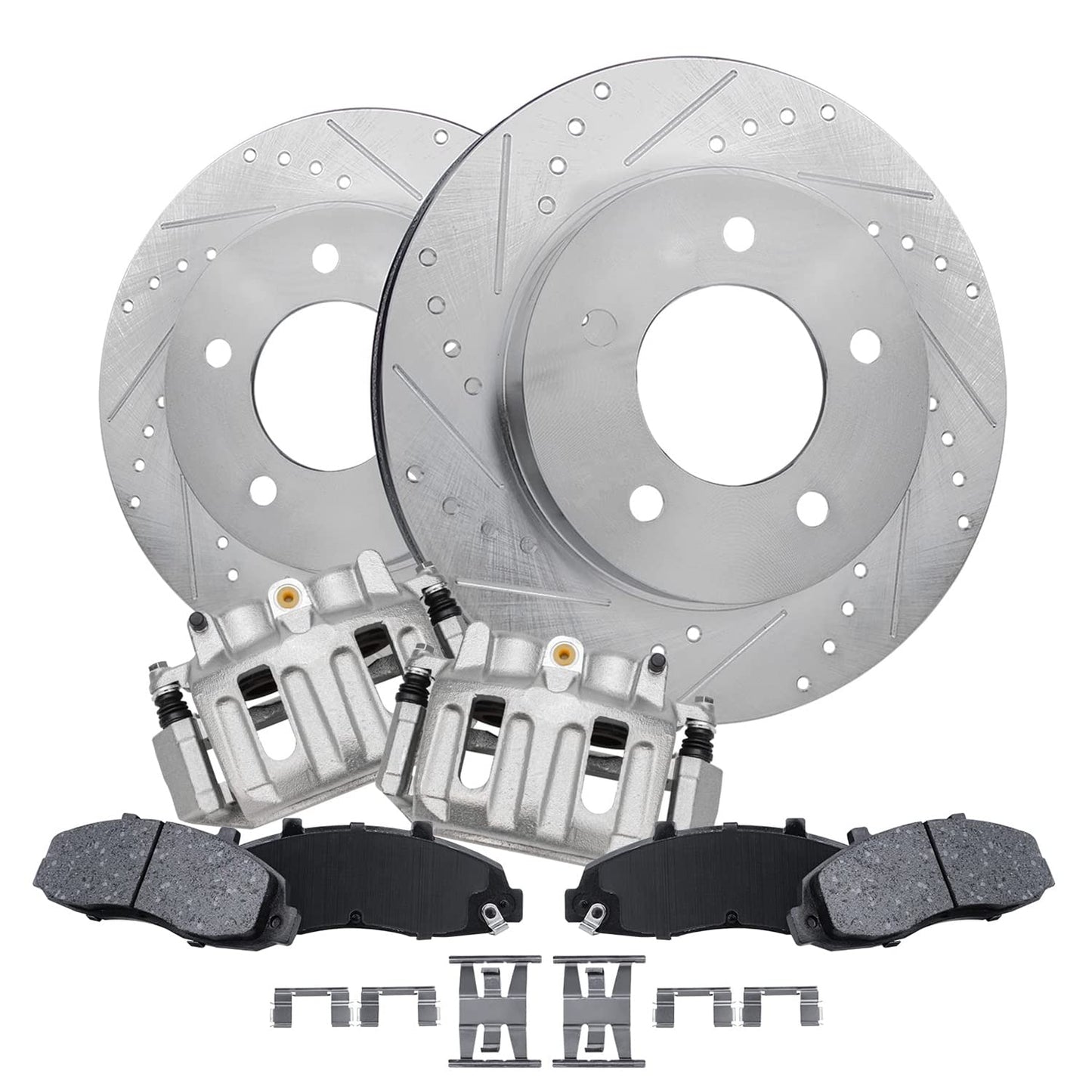 Detroit Axle - Front Brake Kit for 2003-2009 Toyota 4Runner 2005-2023 Tacoma 2007-2014 FJ Cruiser, Drilled & Slotted Brake Rotors and Ceramic Brakes Pads Replacement: 12.56" inch Rotor