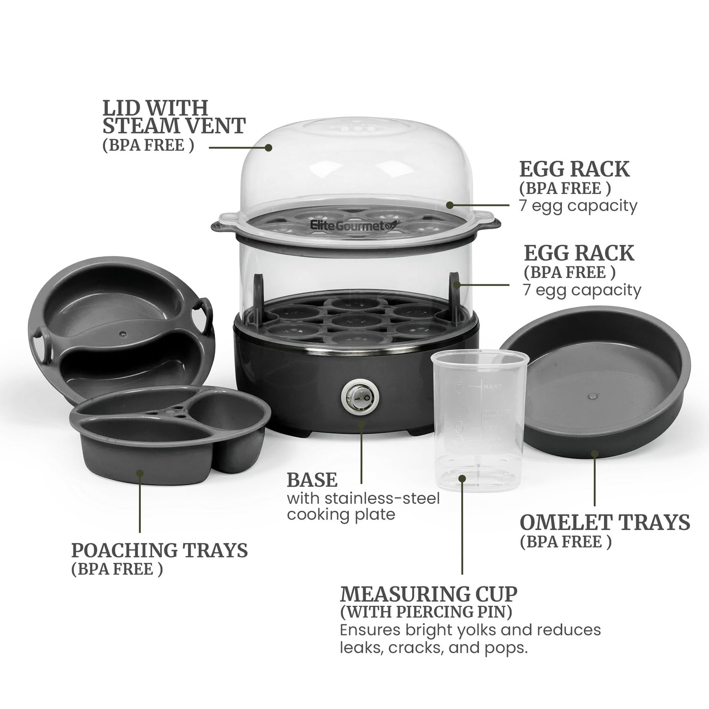Elite Gourmet EGC115B Easy Egg Cooker Electric 7-Egg Capacity, Soft, Medium, Hard-Boiled Egg Cooker with Auto Shut-Off, Measuring Cup Included, BPA Free, Classic Black