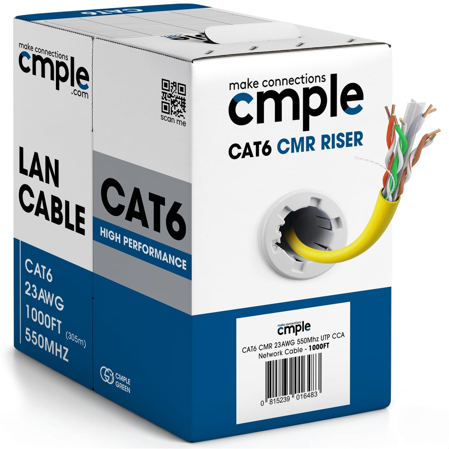 Cmple - Cat6 Cable 1000ft Bulk Lan Ethernet Cat 6 Wire Network UTP 23AWG CMR Riser 10Gbps 550 MHz Pull Box 1000 Feet, Black