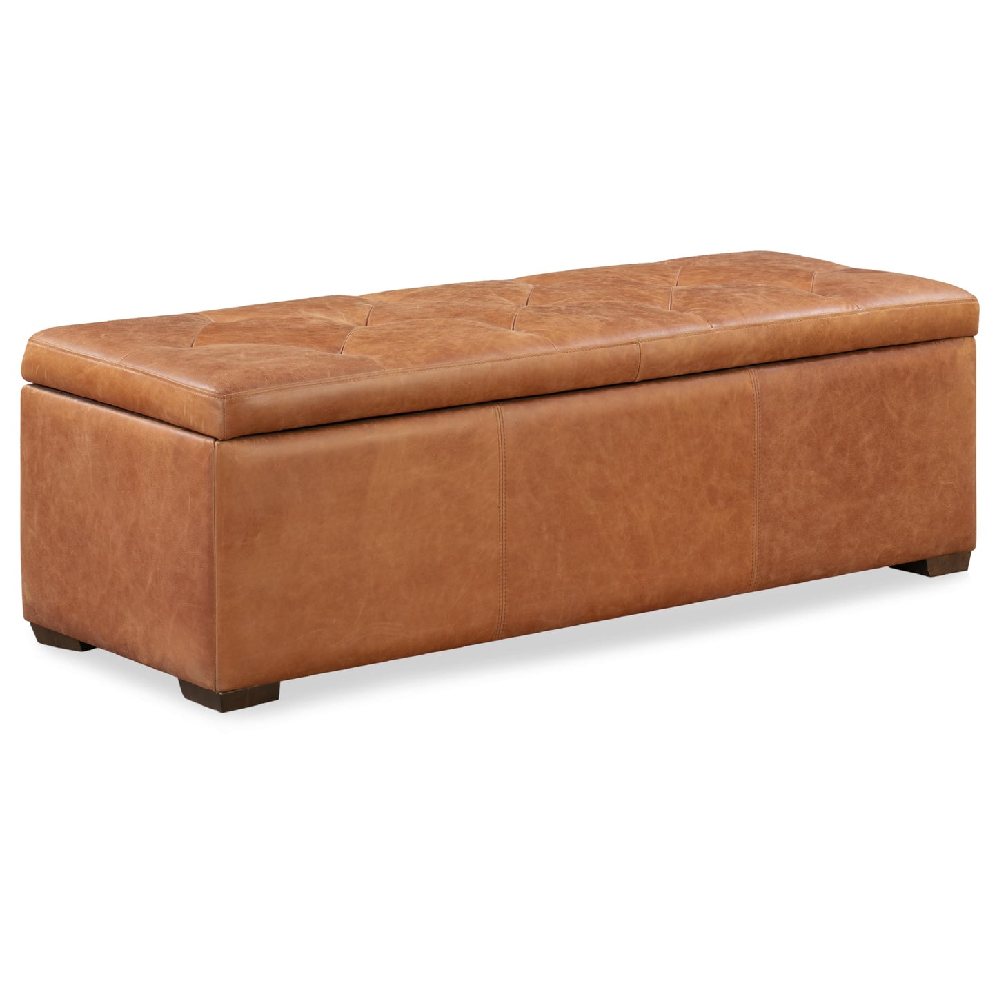 POLY & BARK Denver Ottoman – 43" Large Pouf with Feather-Down Topper – Full-Grain Leather Upholstered Pouf Ottoman for Living Room – Vintage Italian Leather in Cognac Tan