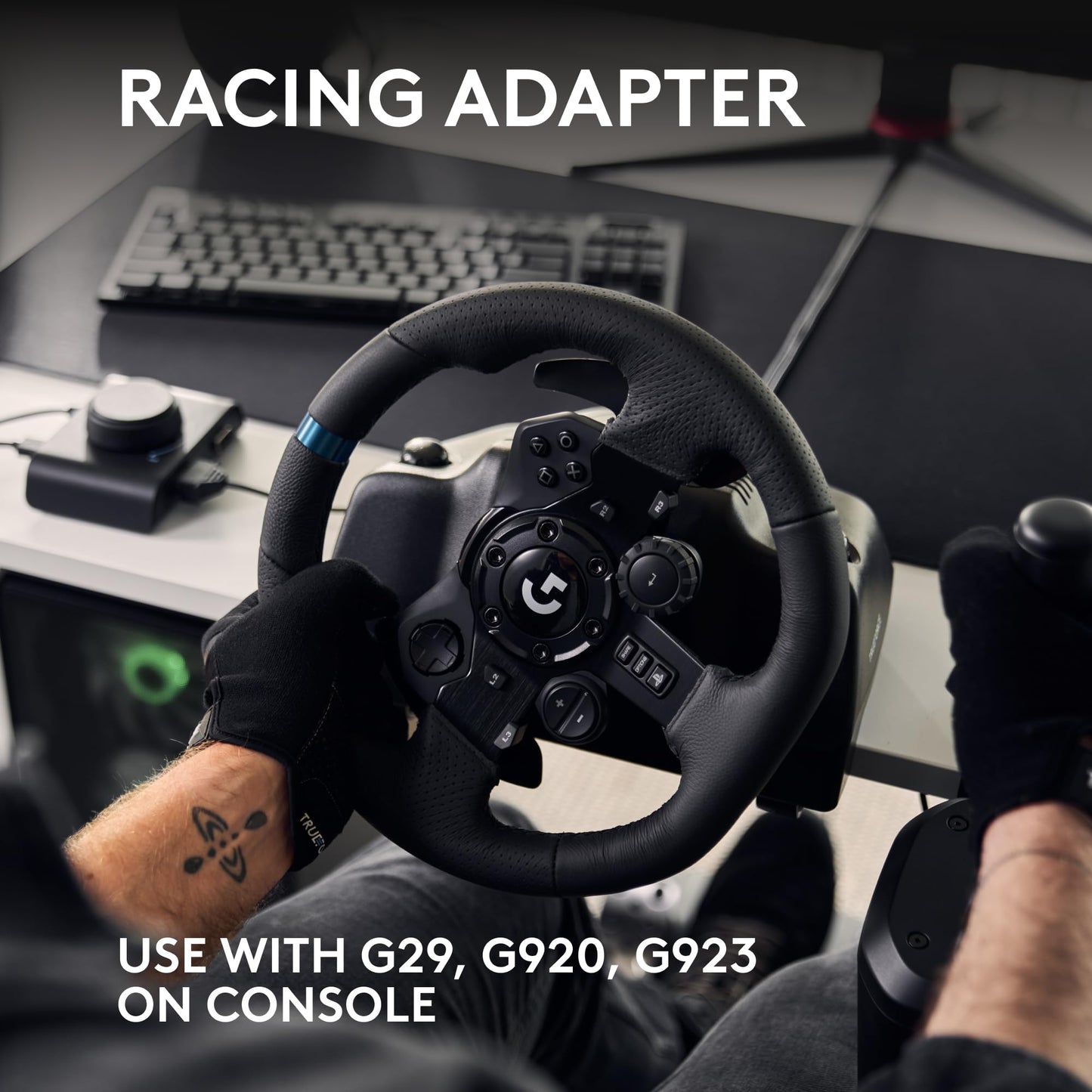 Logitech G923 Racing Wheel and Pedals, TRUEFORCE up to 1000 Hz Force Feedback, Gaming Steering Wheel PS5, PS4, PC, Mac, Genuine Leather- Black