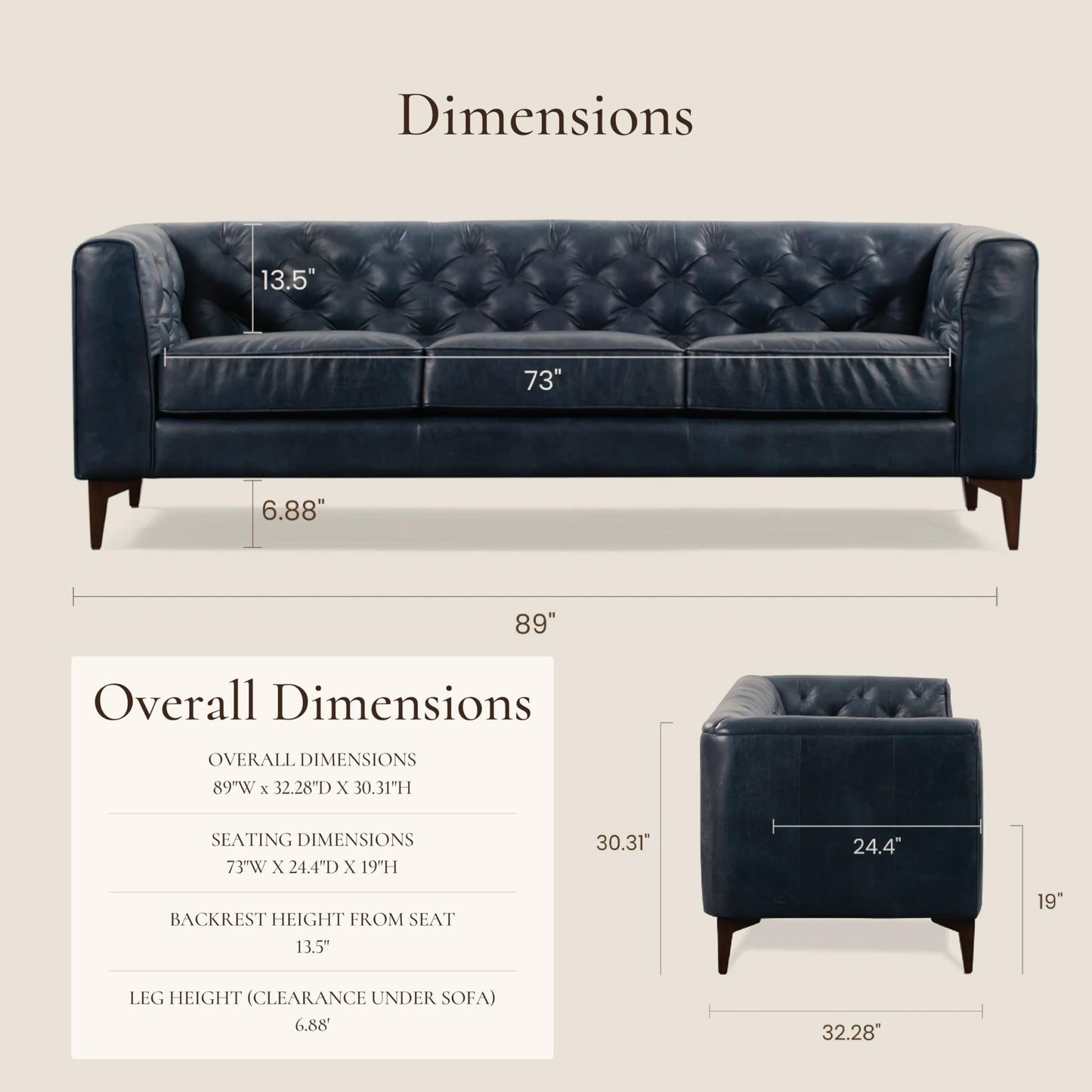 POLY & BARK Essex 89” Full-Grain Italian Leather Sofa – Tufted Back, Feather-Down Comfort, Solid Wood Frame, Cognac Tan