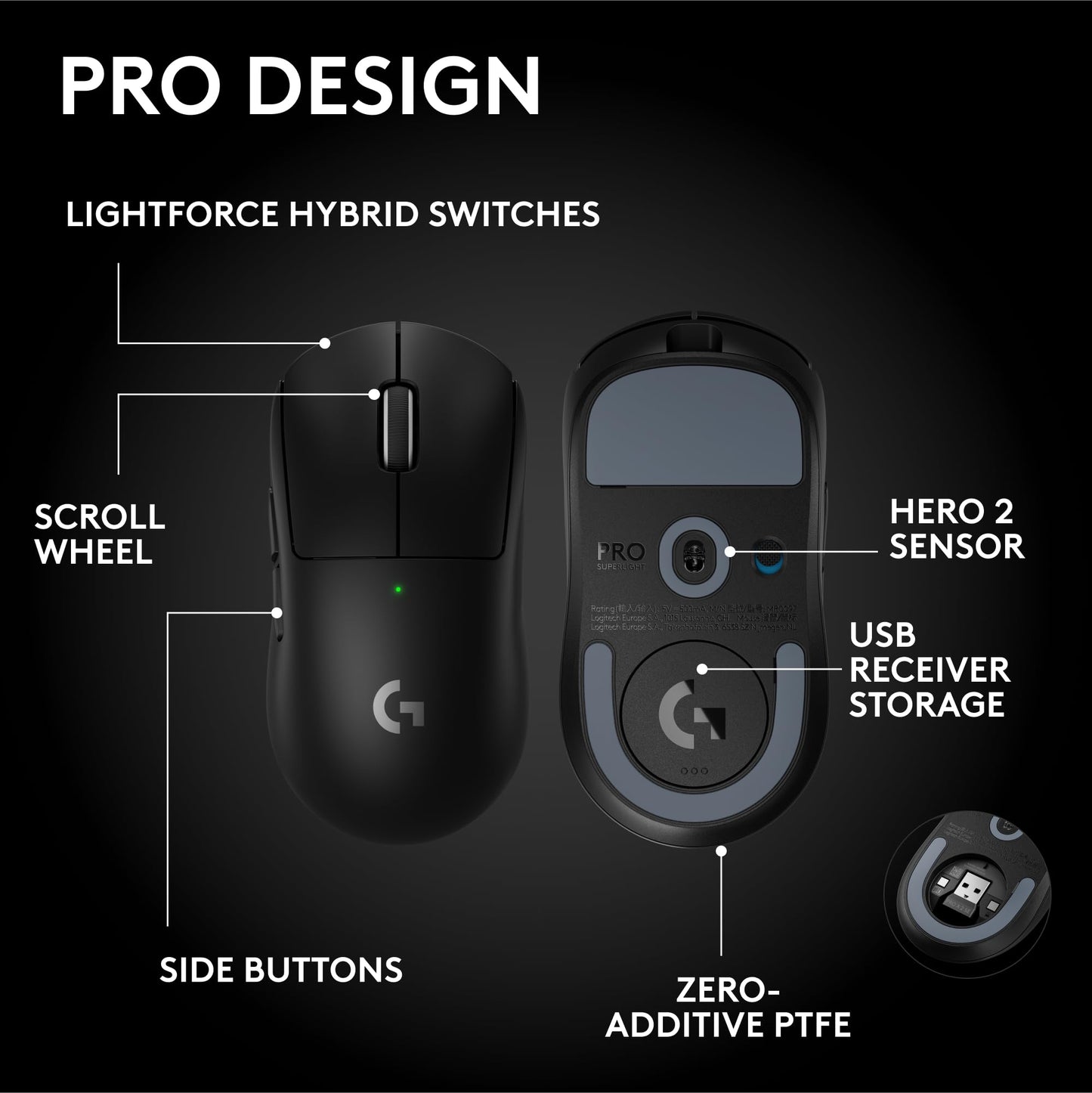 Logitech G PRO X Superlight 2 Wireless Gaming Mouse - Black | 60g, Symmetrical Shape, <8 kHz Polling, 44K DPI, PowerPlay Wireless Charging Supported, USB-C, 5 Buttons, For PC/Mac