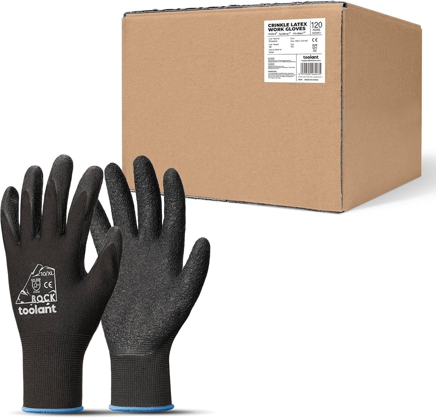 toolant Crinkle Latex Work Gloves Bulk, Rubber Coated Safety Work Gloves for Men and Women, 12 Pairs for Construction, Gardening, Warehouse (Black, Large)