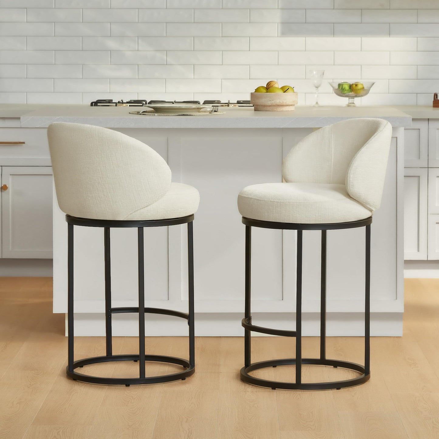 CHITA Swivel Counter Height Bar Stools Set of 3, Upholstered Bar Chairs with Backrest, Sturdy Metal Base, 26.8" Seat Height for Kitchen Island & Home Bar, Sand