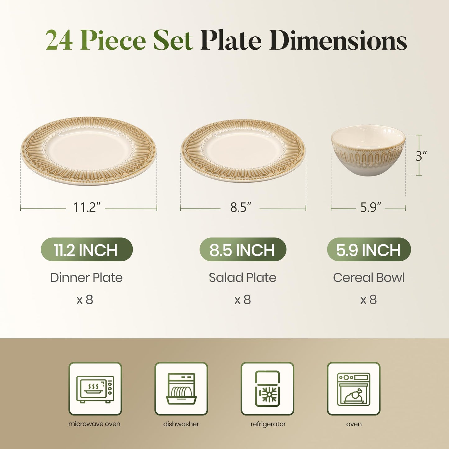 Kitchen Academy Stoneware Dinnerware Sets for 8, Embossed Ceramic Plates and Bowls Set, Beige Dishes