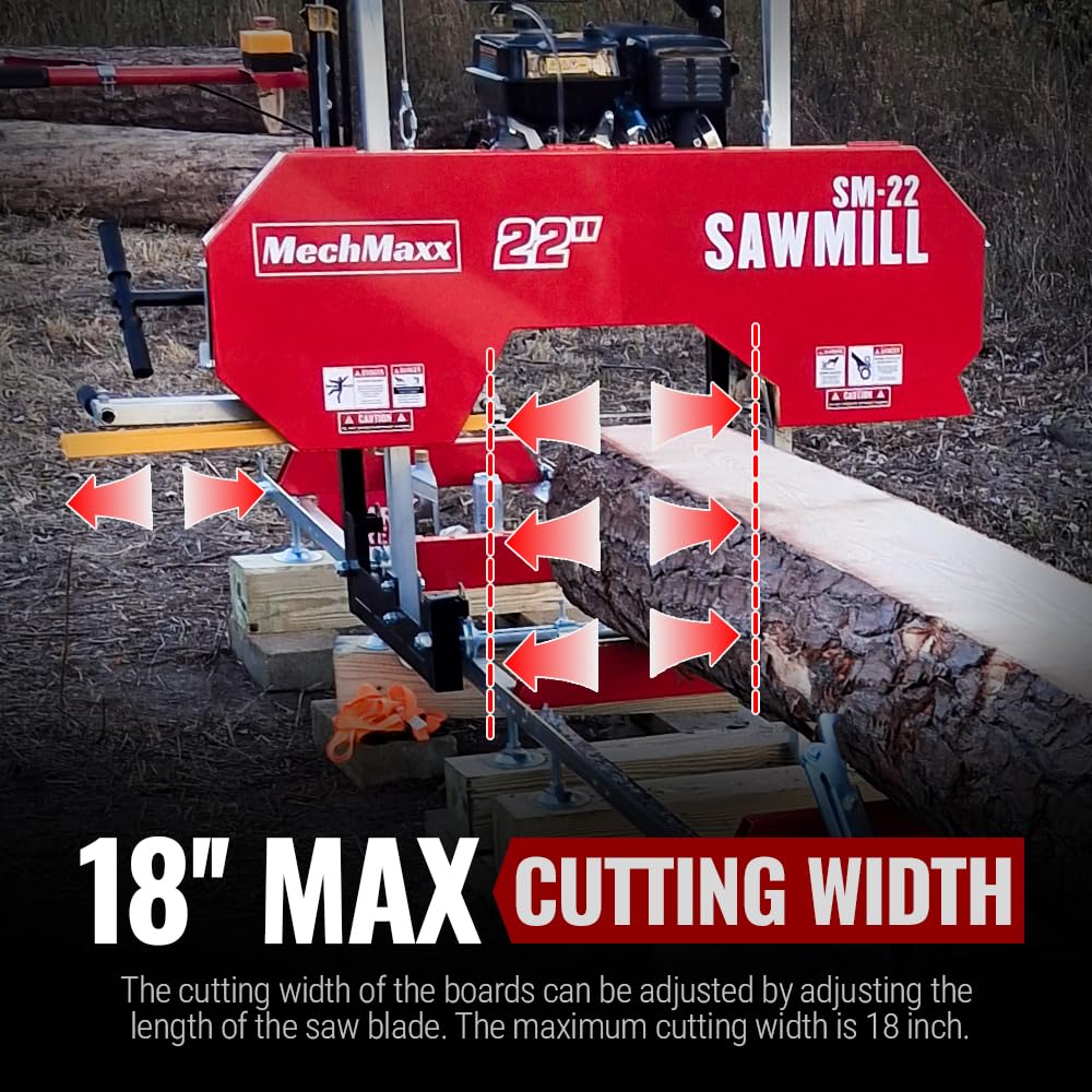 MechMaxx 32" Portable Sawmill, ZONSEN 459cc 15HP E-Start Gasoline Engine, 26.5" Board Width, 13' Track Length, Model SM-32