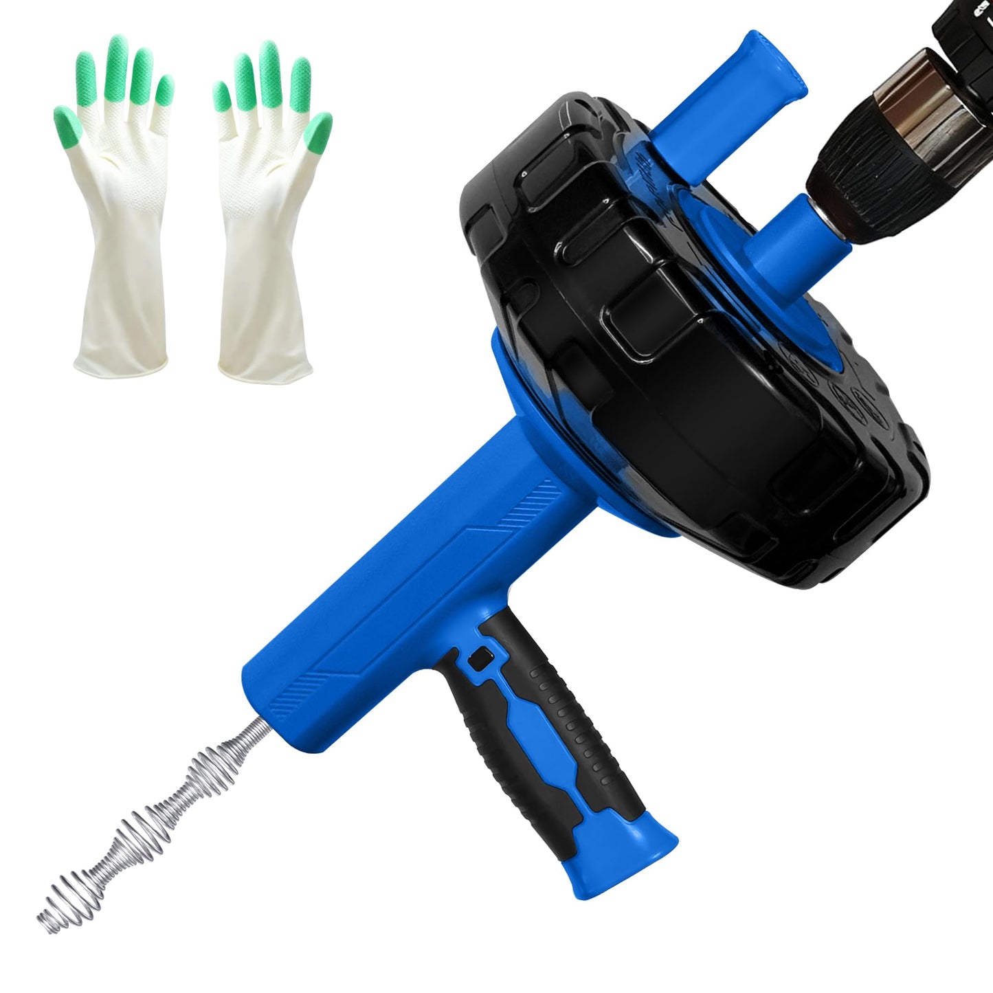 Drainsoon Auto Feed Drain Auger with Drill Adapter, 33 Feet Drain Snake Hair Clog Remover, Manual or Powered Plumbing Snake Drain Cleaner for Bathroom, Shower, Kitchen Sink, Comes with Gloves