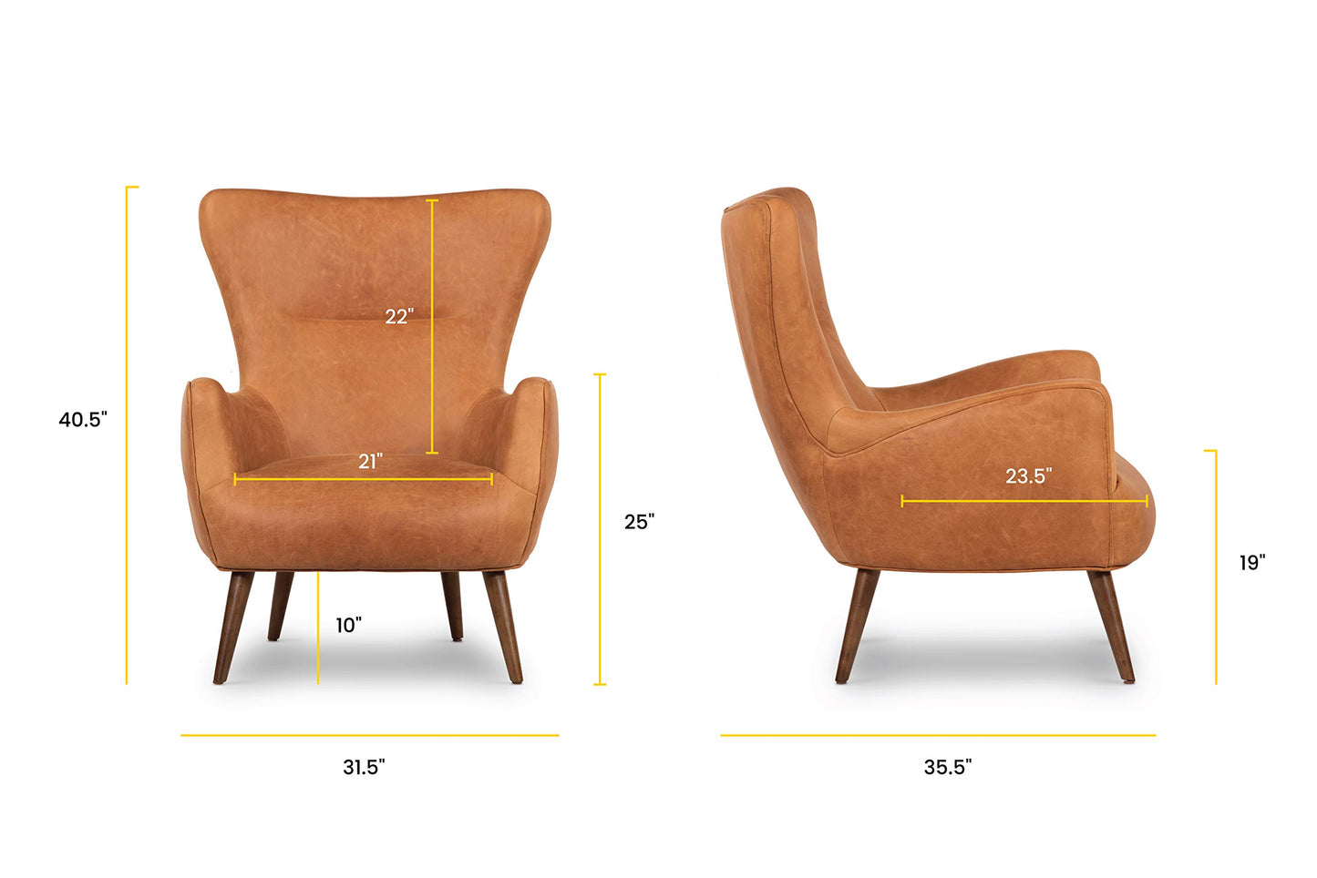 Poly & BARK Rowan Lounge Chairs Set of 2 – Mid Century Modern Leather Armchairs with Ribbed Seat and Solid Ash Wood Frame, Cognac Tan