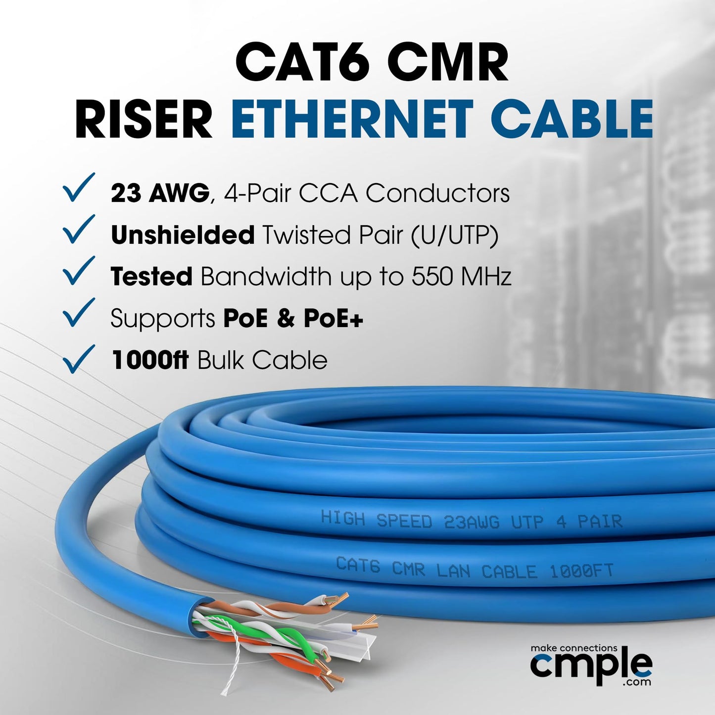 Cmple - Cat6 Cable 1000ft Bulk Lan Ethernet Cat 6 Wire Network UTP 23AWG CMR Riser 10Gbps 550 MHz Pull Box 1000 Feet, Black