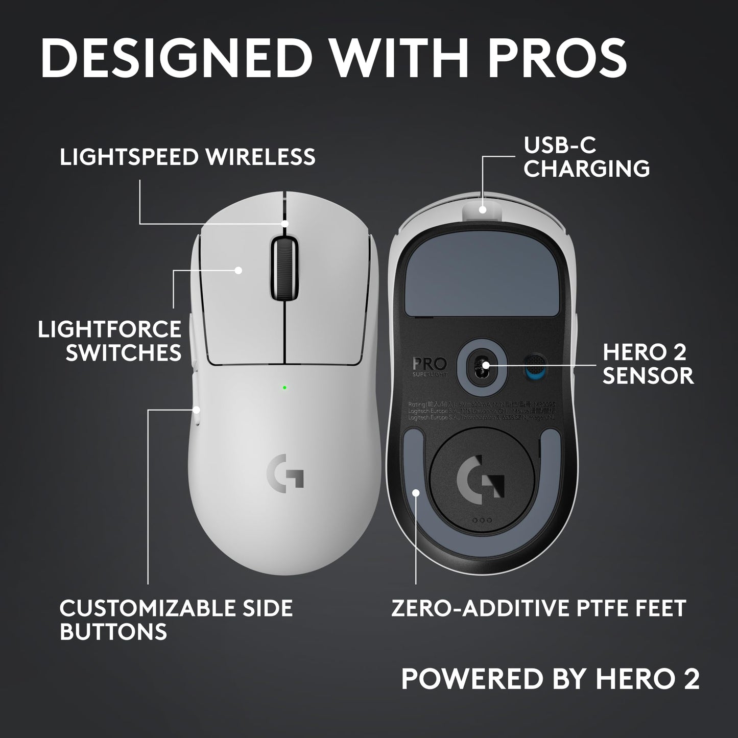 Logitech G PRO X Superlight 2 Wireless Gaming Mouse - Black | 60g, Symmetrical Shape, <8 kHz Polling, 44K DPI, PowerPlay Wireless Charging Supported, USB-C, 5 Buttons, For PC/Mac