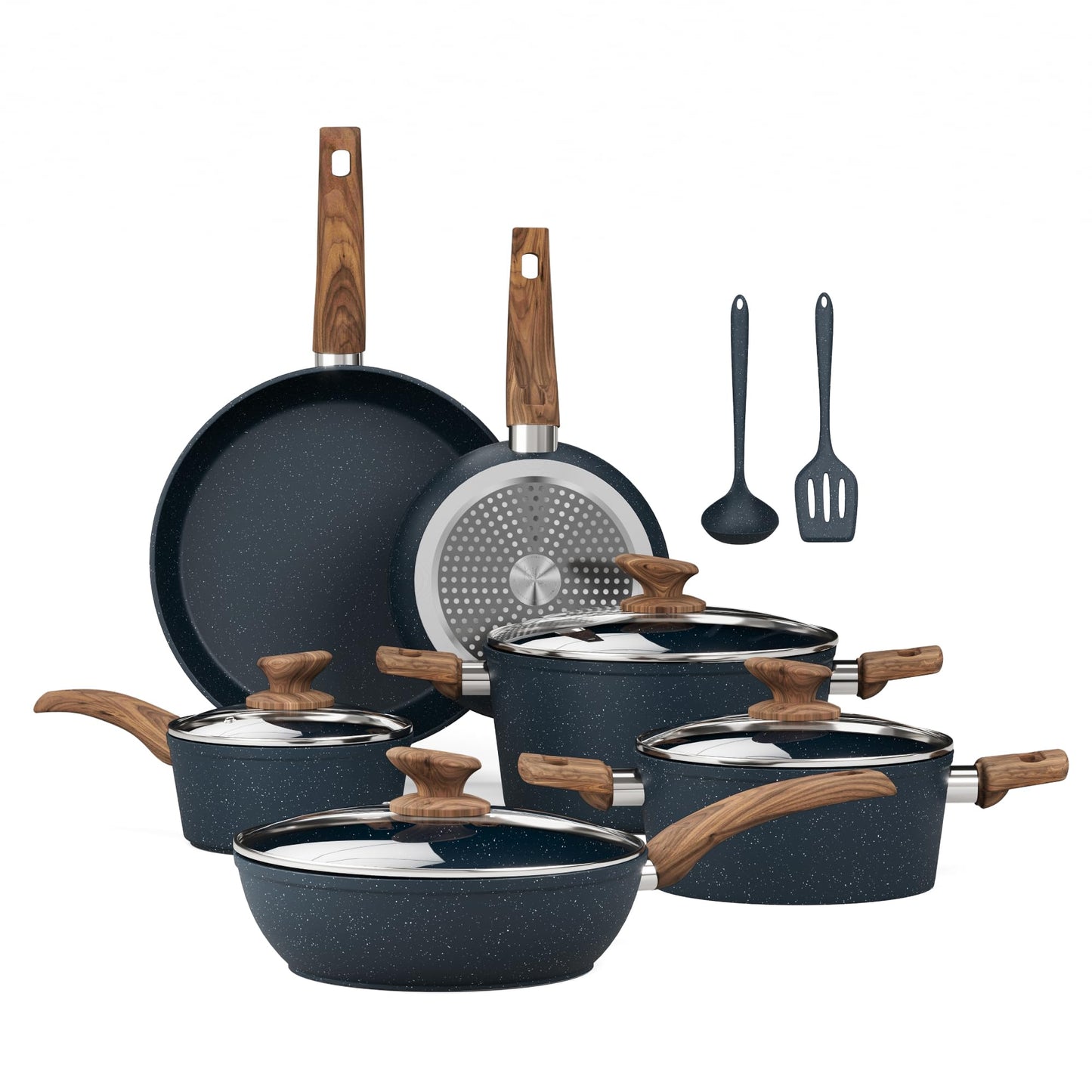 Kitchen Academy Induction Cookware Sets - 12 Piece Pots and Pans Set Non Stick, Black Granite Nonstick Cooking Pan Set(PFOS, PFOA Free)