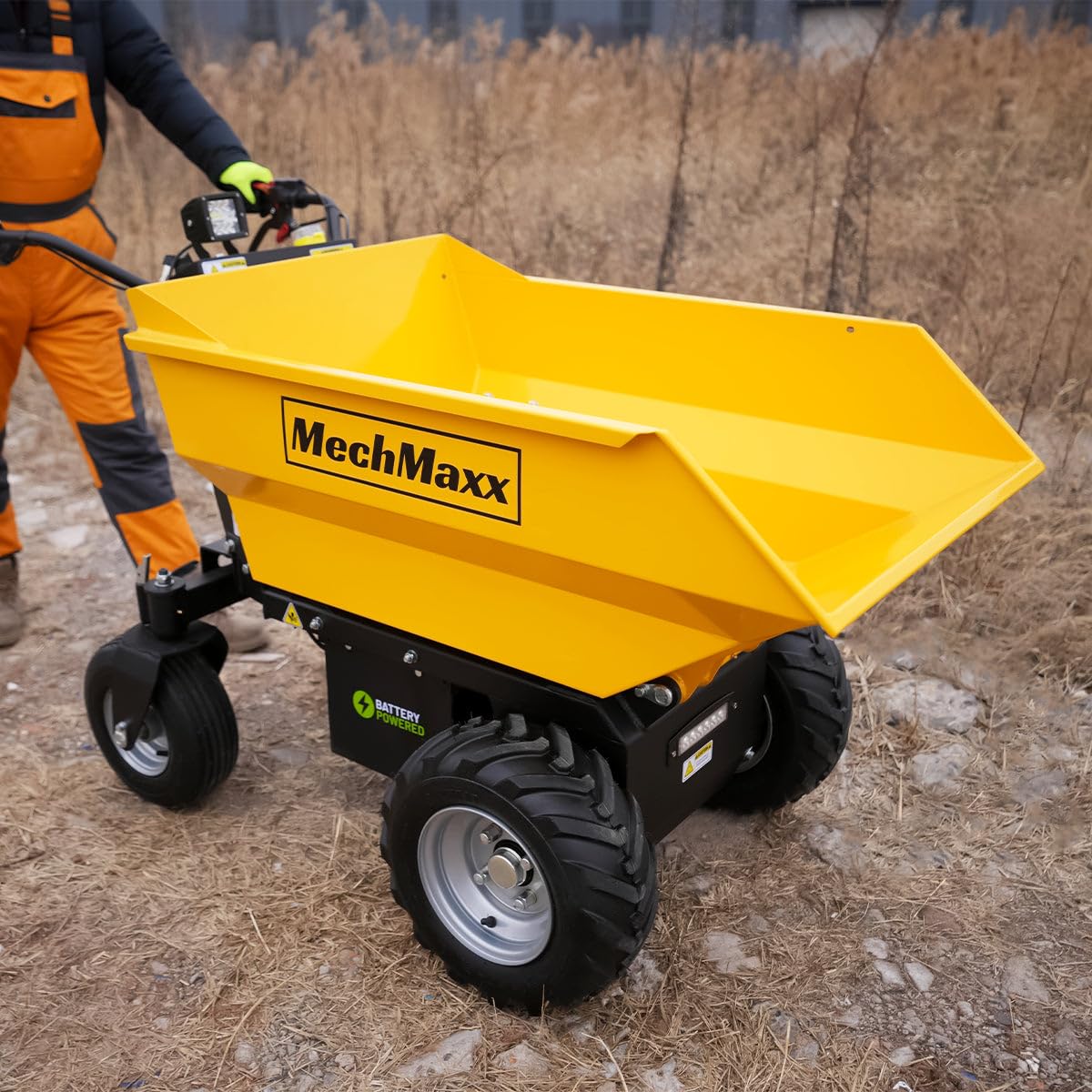 MechMaxx 1100Lb Loading 48V Battery Powered Wheel Barrow Electric Dumper Cart with 30W Light, Hydraulic Tipping, 1000W Brushless DC Motor, LED Display Screen, Model EH50 Yellow