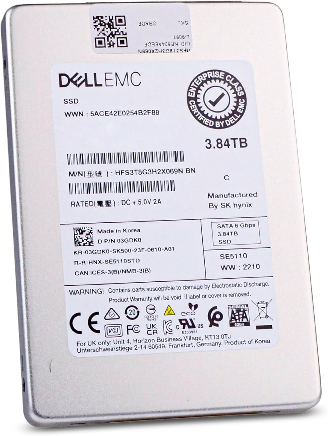 Dell/SK Hynix SE5110 HFS3T8G3H2X069N 3.84TB 1 DWPD SATA 6Gb/s 3D TLC 2.5in Read Intensive Enterprise Solid State Drive 03GDK0 (Renewed)