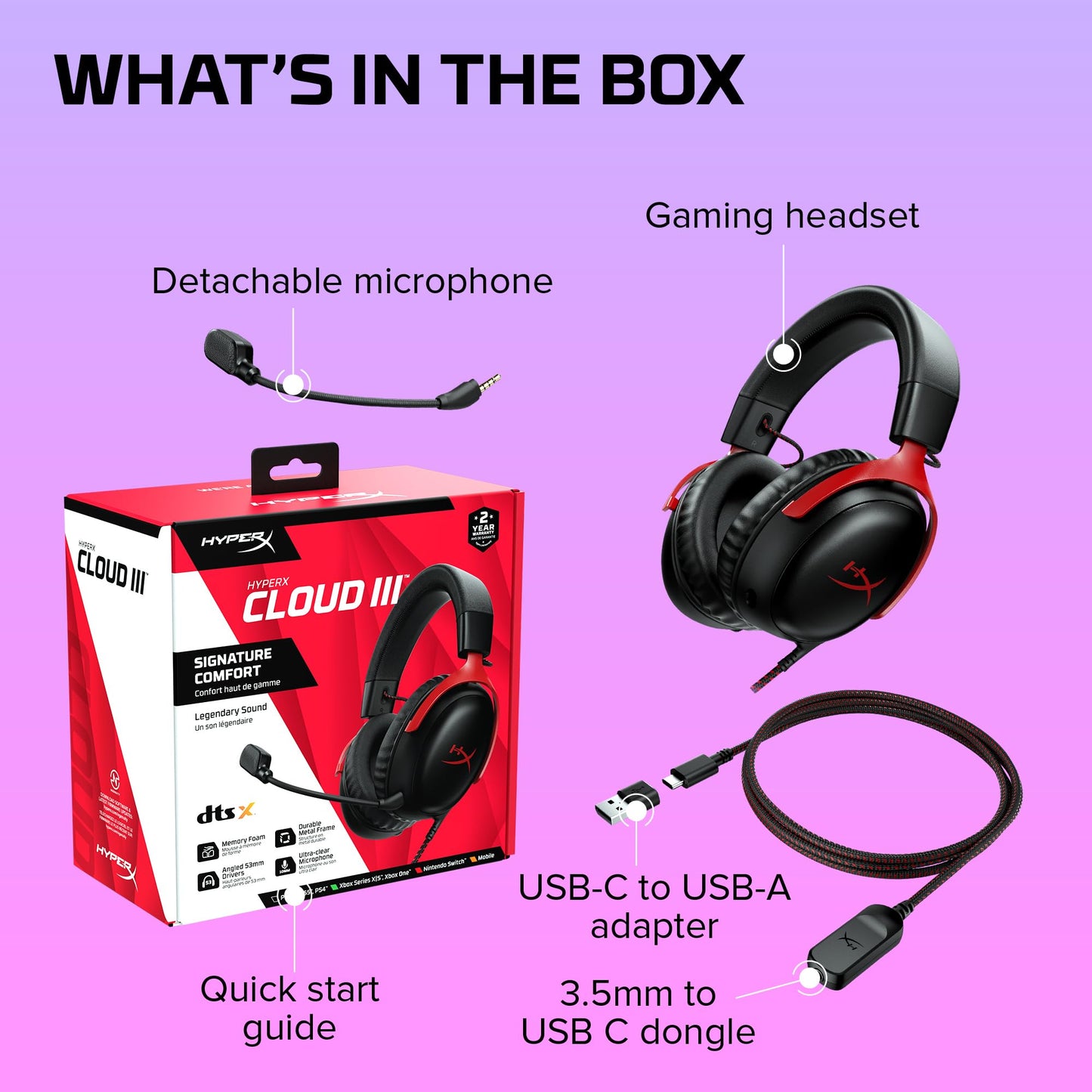 HyperX Cloud III – Wired Gaming Headset, PC, PS5, Xbox Series X|S, Angled 53mm Drivers, DTS Spatial Audio, Memory Foam, Durable Frame, Ultra-Clear 10mm Mic, USB-C, USB-A, 3.5mm – Black/Red