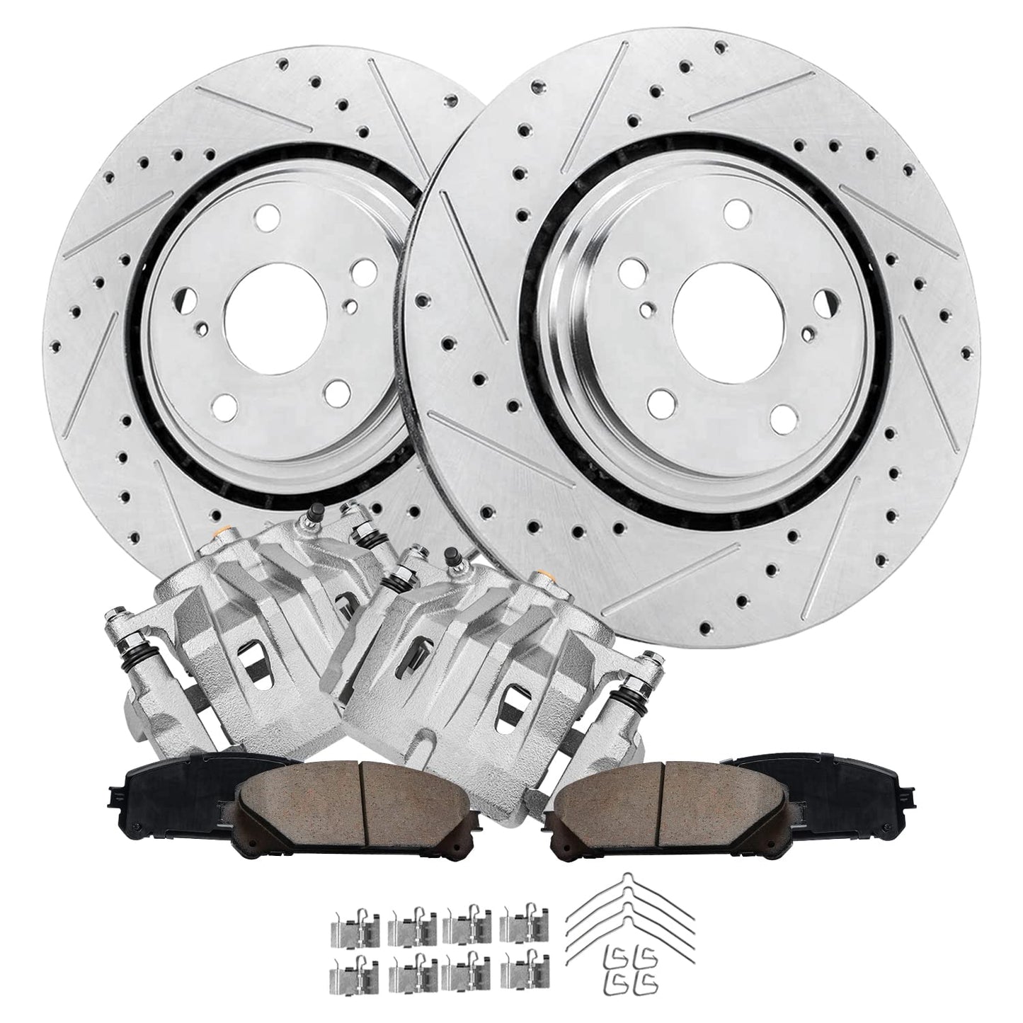 Detroit Axle - Front Brake Kit for Chevy GMC Silverado Suburban Sierra Savana Express 1500 Tahoe Yukon XL Cadillac Escalade ESV EXT Drilled Slotted Disc Brake Rotors Ceramic Brakes Pads Replacement