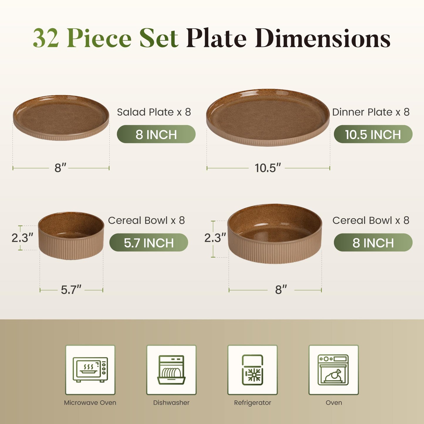 Kitchen Academy Brown Stoneawre Dinnerware Sets for 8, 24Pcs Ceramic Non Toxic Plates and Bowls Sets, Scratch Resistant Dishes, Oven & Microwave Safe