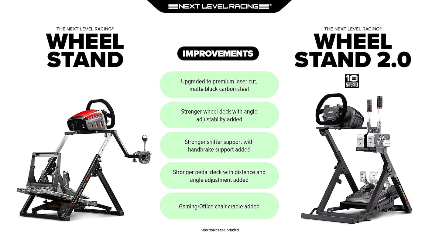 Next Level Racing Wheel Stand 2.0. Steering wheel stand for Thrustmaster, Fanatec, moza Racing on PC and video game consoles. Upgradeable to full cockpit with GTSeat add-on (not included)