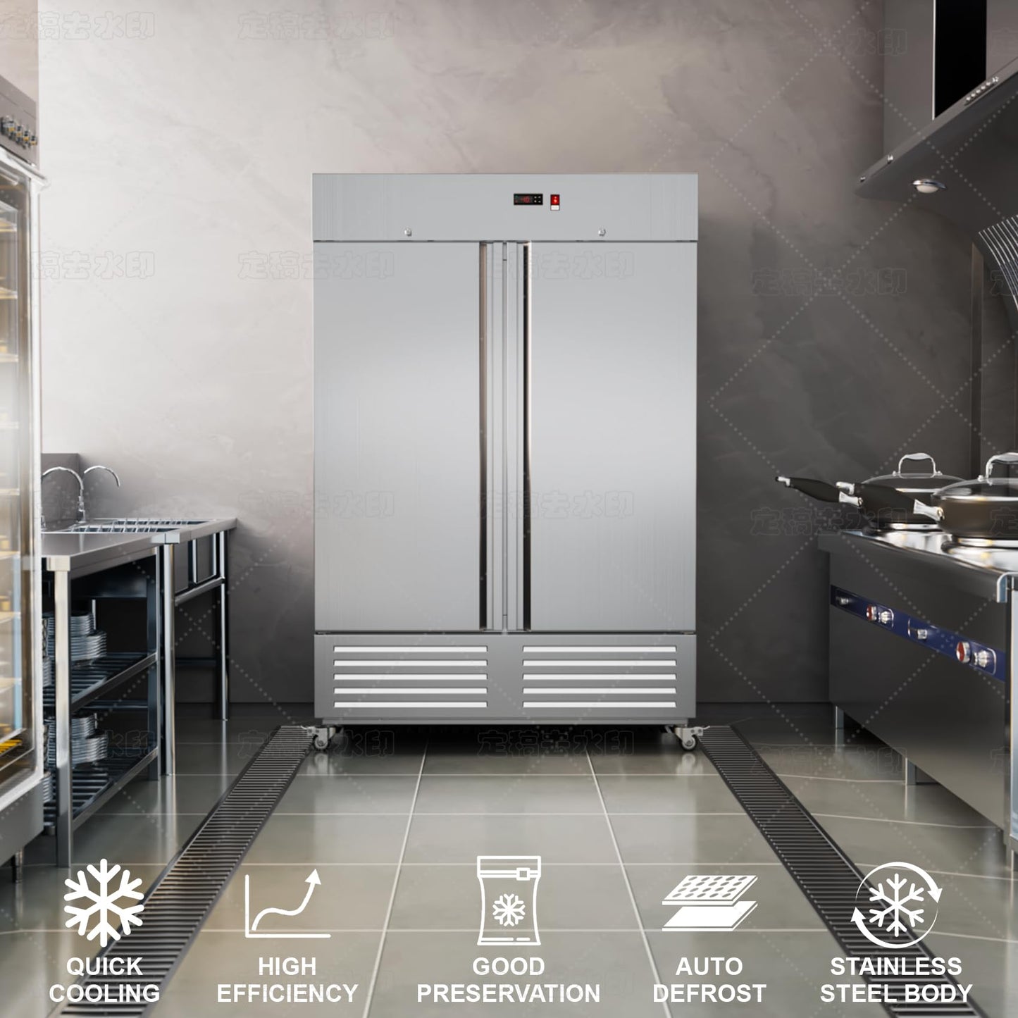 48" W 4 Door Commercial Refrigerator, 36 Cu.ft Stainless Steel Industrial Fridge (32℉~47℉) with 8 Adjustable Shelves, Lockable Door, Wheels, Auto-Defrost for Restaurant, Kitchen, Shop