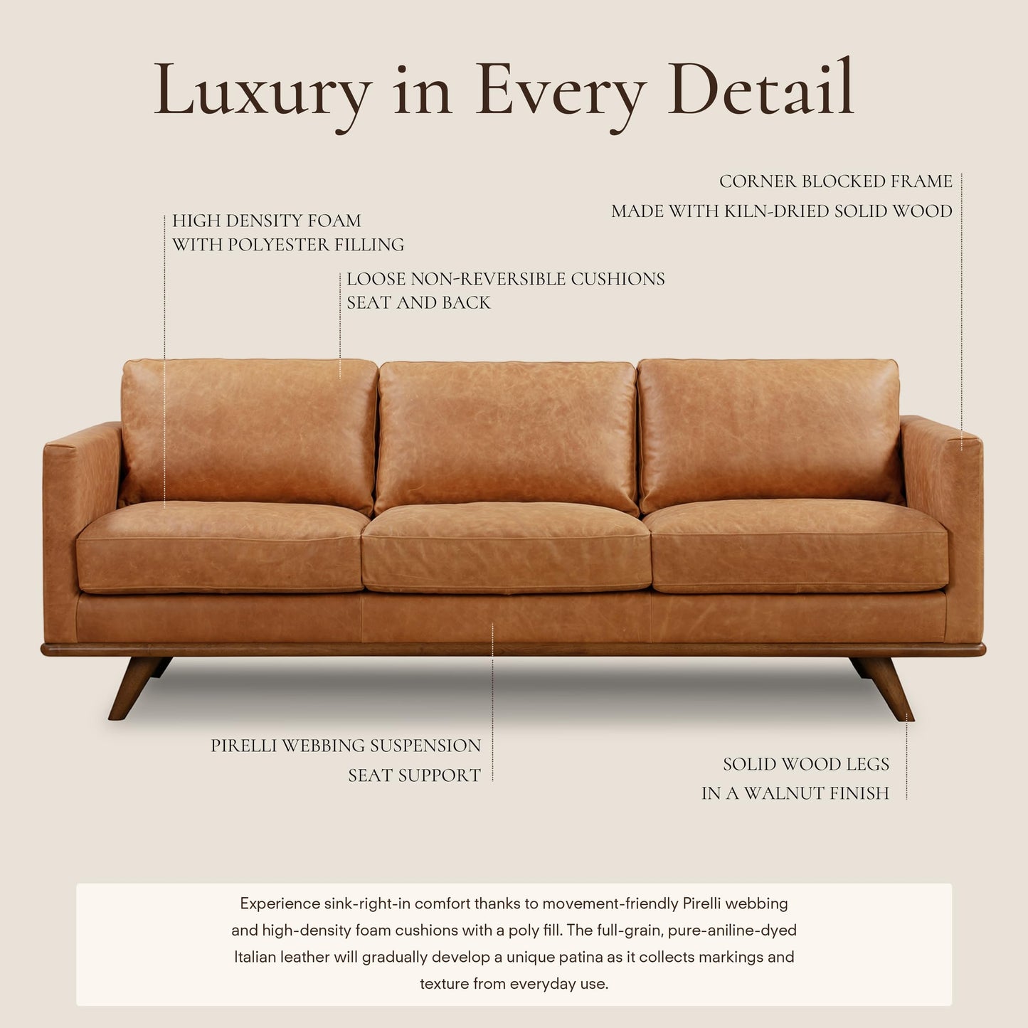 POLY & BARK Sorrento 86" Sofa – Cognac Tan Full-Grain Pure-Aniline Italian Leather, Feather-Down Cushions, Solid Wood Frame & Walnut Legs