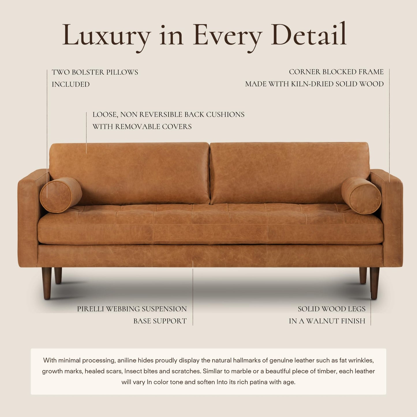 POLY & BARK Napa 82" Leather Pull‑Out Sleeper Sofa – Full‑Grain Italian Leather Upholstery,Tri‑Layer Mattress & Storage Console –Sophisticated Multi‑Functional Sofa Bed for Living Rooms & Guest Spaces