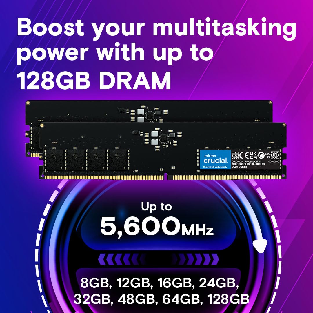Crucial 16GB DDR5 RAM, 5600MHz (or 5200MHz or 4800MHz) Desktop Memory, UDIMM 288-Pin, Compatible with Intel Core and AMD Ryzen - CT16G56C46U5
