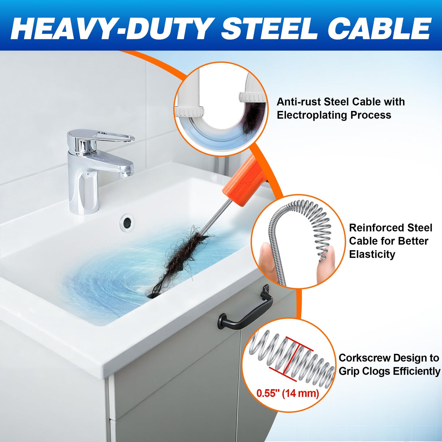 Drain Auger 33Ft, Auto-Feed Drain Snake Hair Drain Clog Remover Sink Auger | Drill Adapter for Quickly Unclogging, Long Flexible Plumbing Snake for Deep Pipe Clog, Bathroom Shower, Bathtub, Kitchen Sink