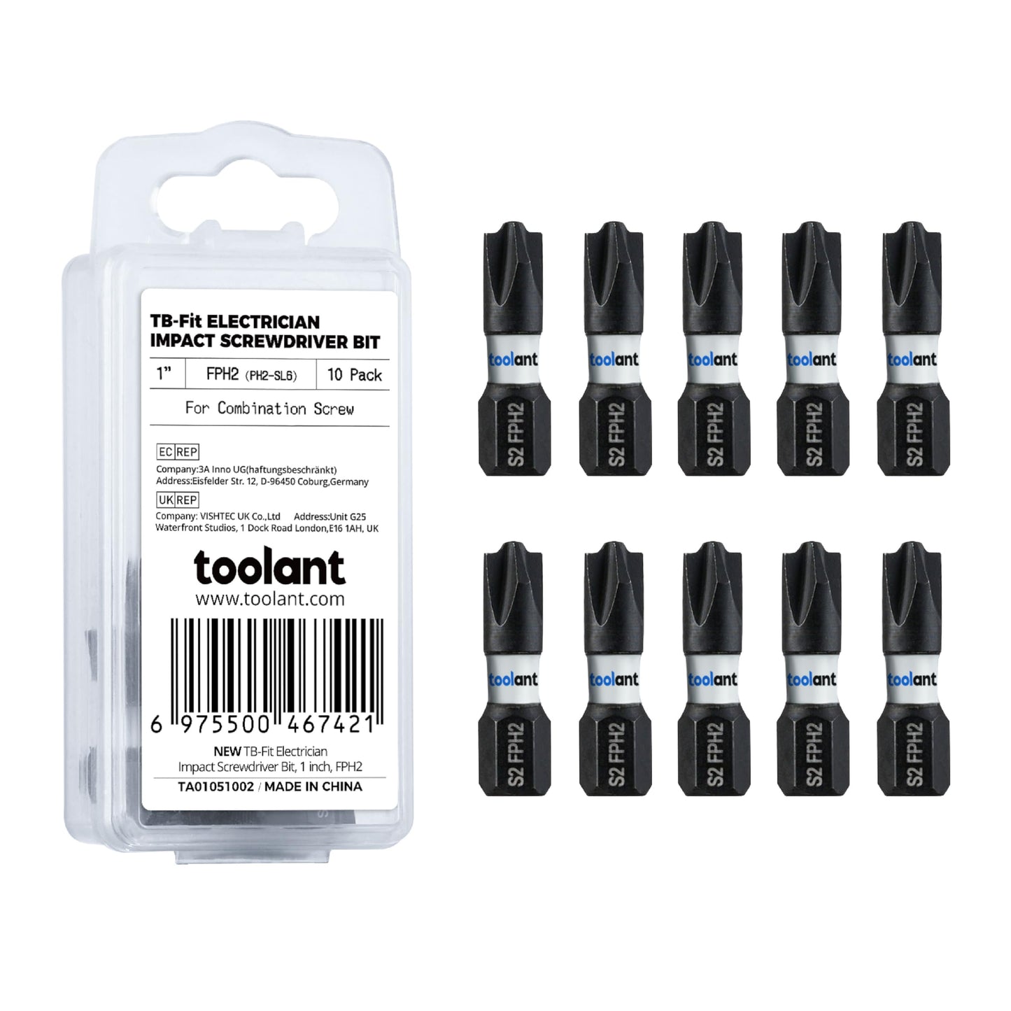 toolant 7pcs TB-Fit Electrician Impact Screwdriver Bit Set, FPH1（PH1-SL4.5）FPH2（PH2-SL6）Screwdriver Bit Set, 1/4” Hex-Shank S2 Steel, CNC Machined Tips with Magnetism,