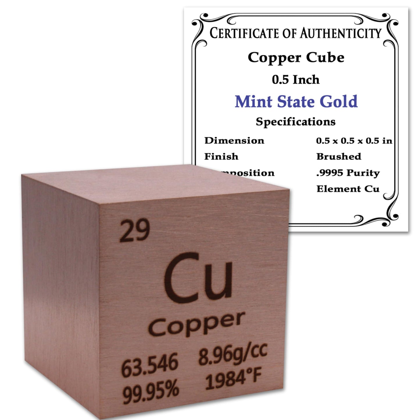 99.95% Pure 1" Inch Copper Cube - Element Design with Certificate of Authenticity