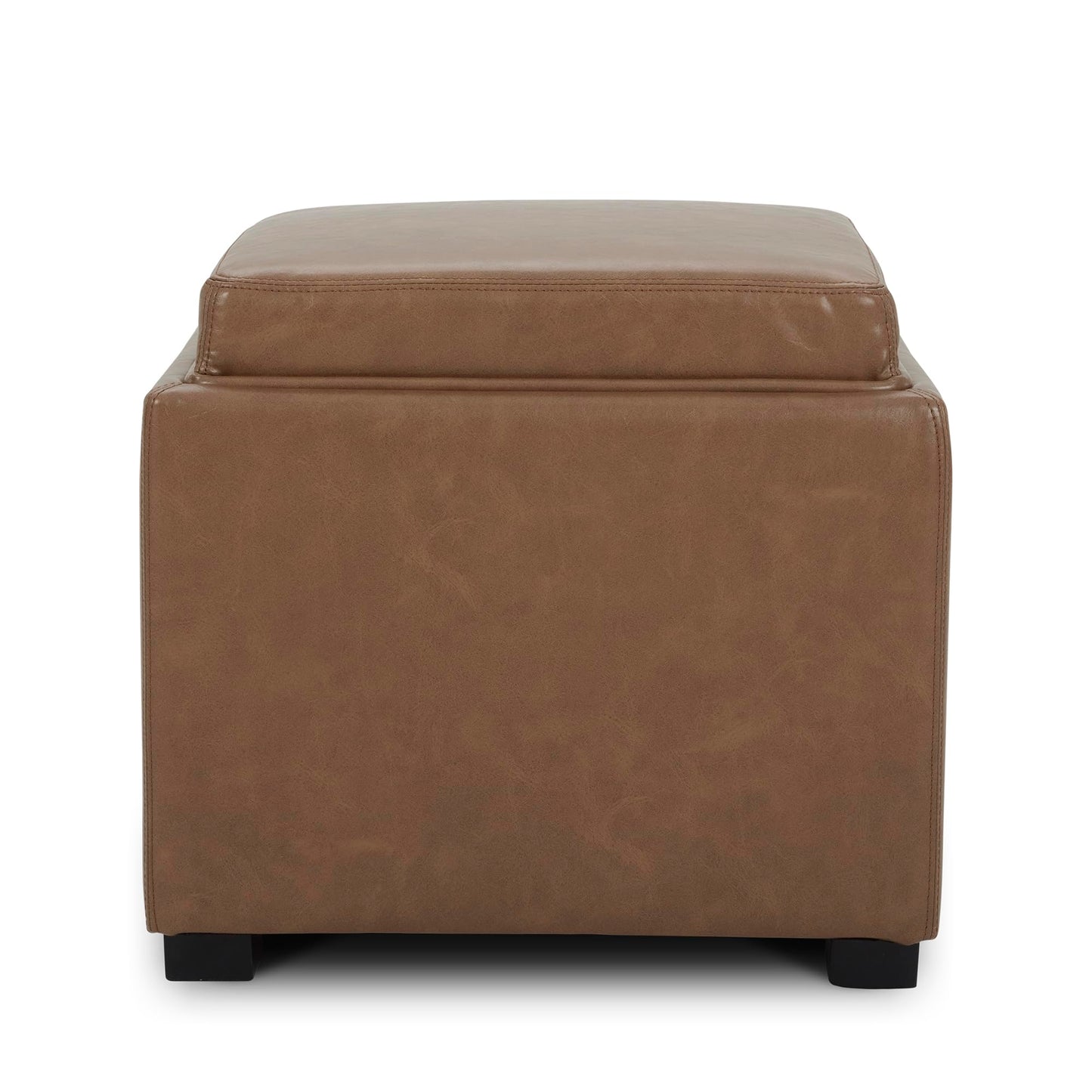 CHITA Storage Ottoman Cube with Tray Lid, Small Footstool with Storage, Square End Table for Living Room and Bedroom, Faux Leather in Saddle Brown