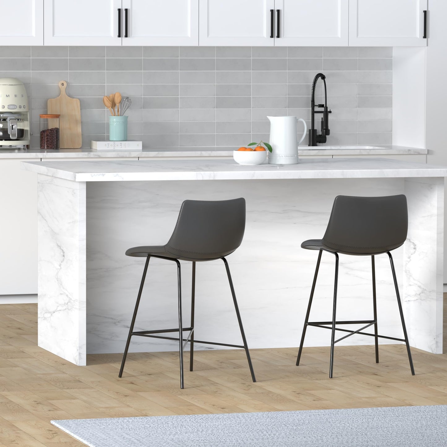 POLY & BARK Paxton Leather Counter Stools 24 Inches – Set of 2 - Counter Height Bar Stools with Back – Modern Barstools for Kitchen Island or Counters – Faux Leather & Matte Black Steel Base – Tan