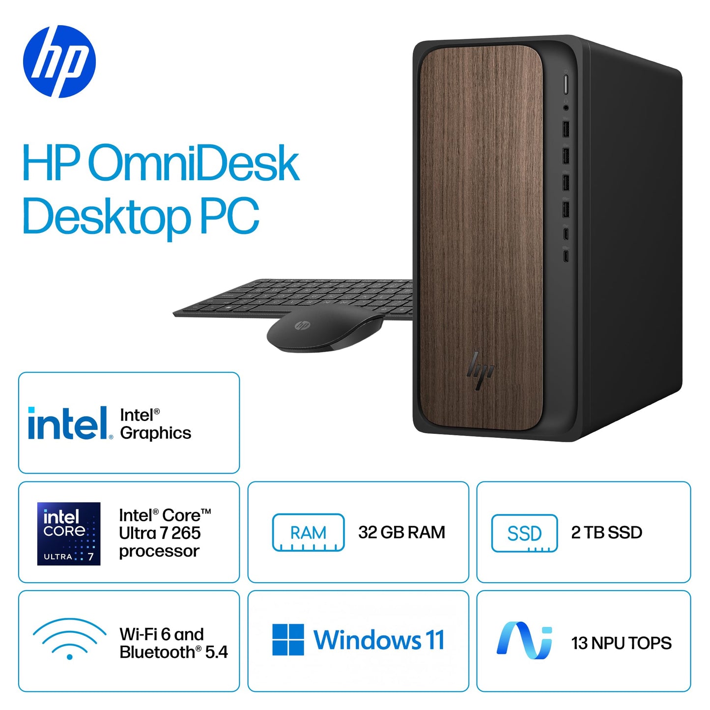 HP OmniDesk Desktop PC, Intel Core Ultra 7 265, 32 GB RAM, 2 TB SSD, Intel Graphics, Windows 11 Home, Microsoft Copilot, Dark Wood, M03-0060 (2025)