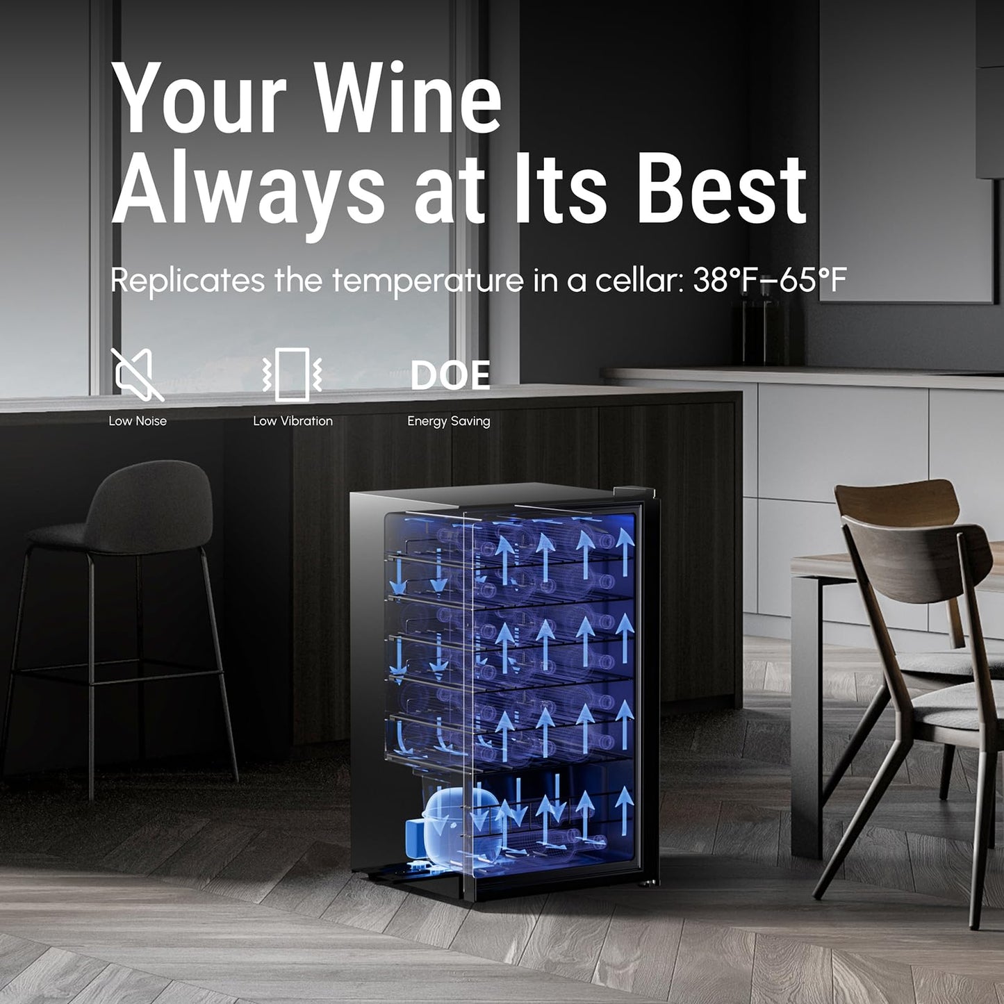 Yeego Wine Fridge – 34 Bottles Wine Cooler, 38–65℉ Digital Control with Double Glass Door & LED Light, Freestanding Wine Fridge Under Counter for Home Bar and Kitchen