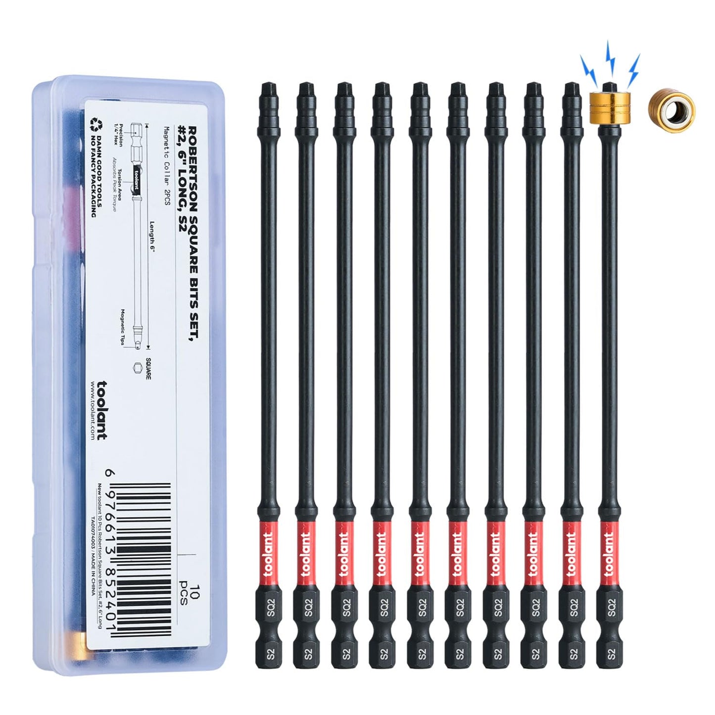 toolant Square Drive Bit Set, Square Impact Driver bits S2 Steel, Robertson Driver Bits Magnetic CNC Tips, Square 2 Impact Bit 1/4" Hex-Shank with Storage Box, 10pcs SQ2 2" Long