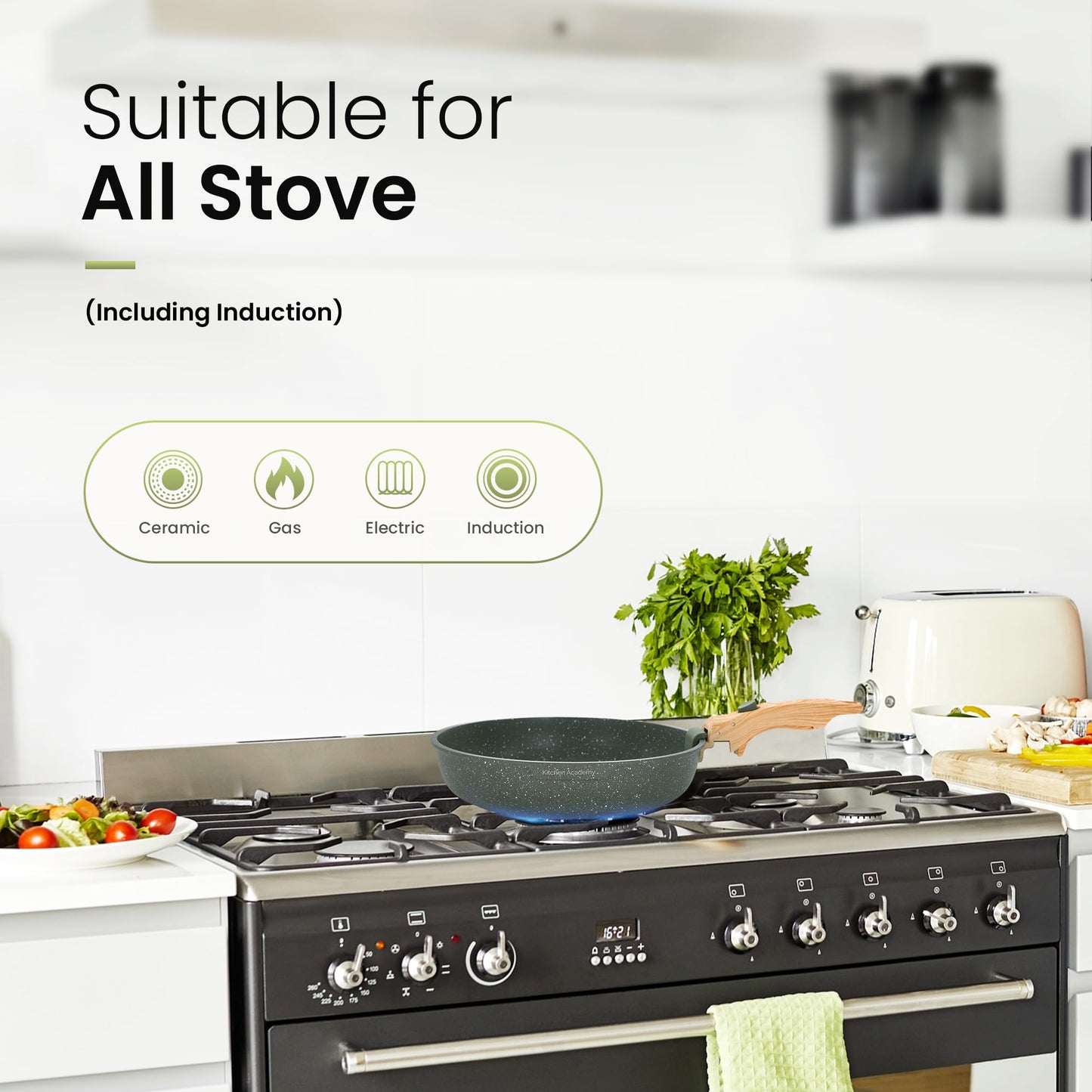 Kitchen Academy Removable Handle Induction Pots and Pans Set - 10 Piece Non-stick Cookware Sets, Black Granite Stackable RV Cookware for Camp